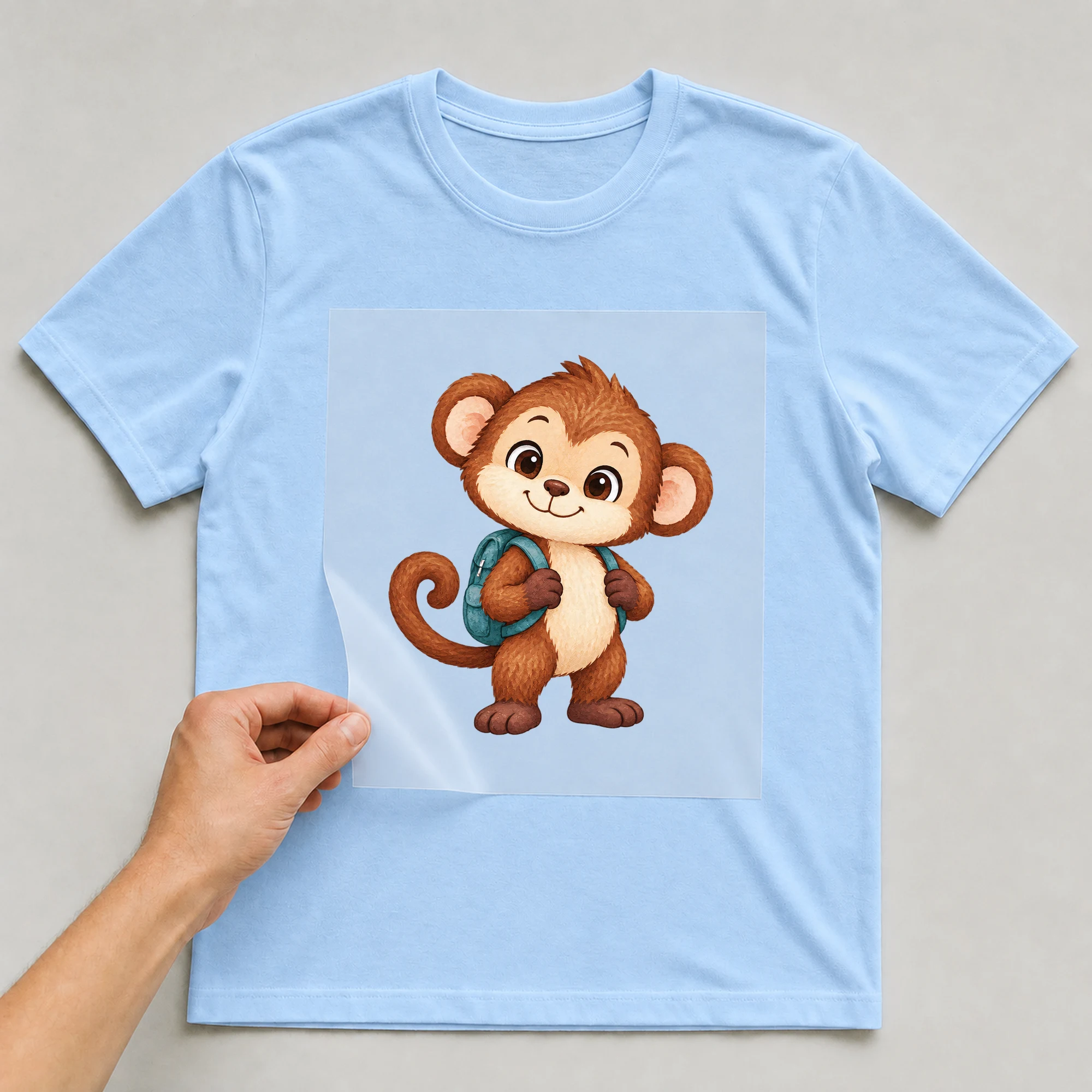 Bügelbild „BB021162-motiv-r03707“ auf babyblauem T-Shirt, Folie wird aufgelegt