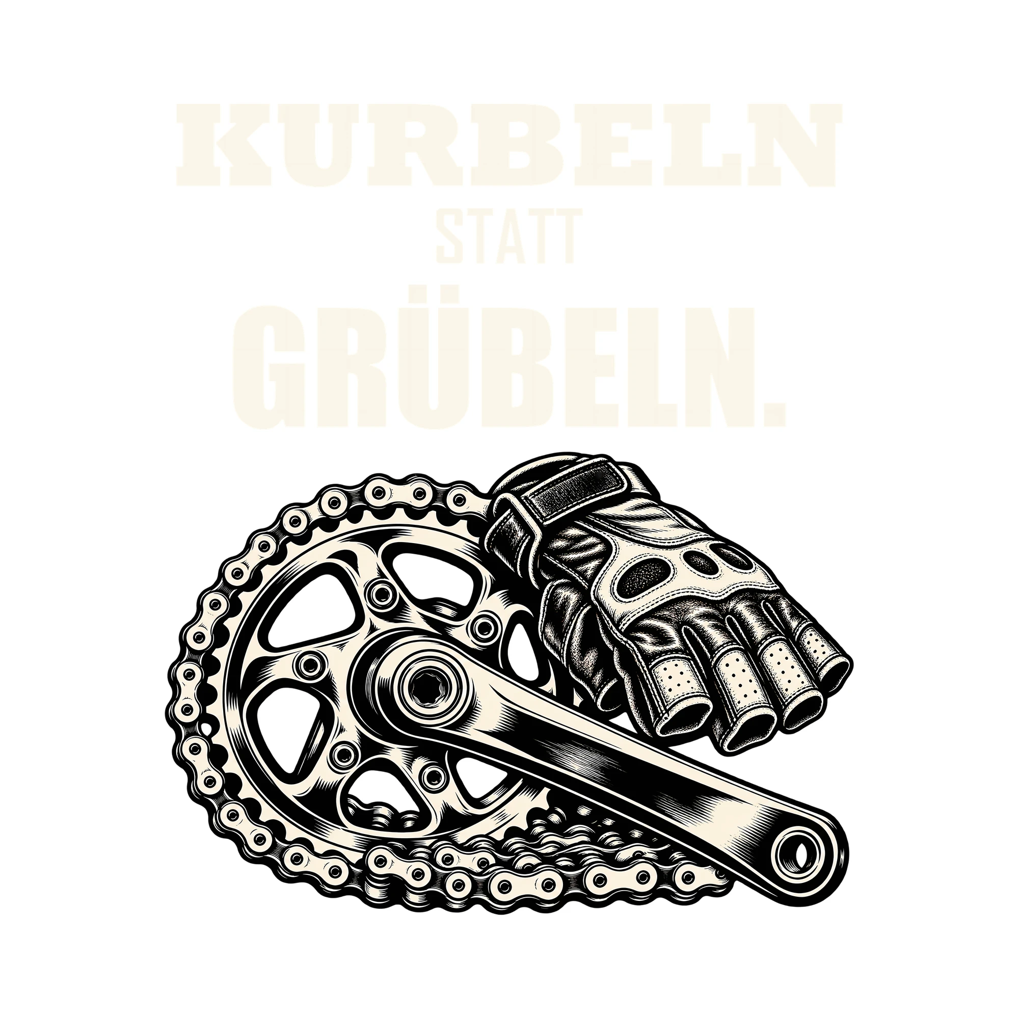Bügelbild KURBELN STATT GRÜBELN. als Grafik auf weißem Hintergrund (BB013704)