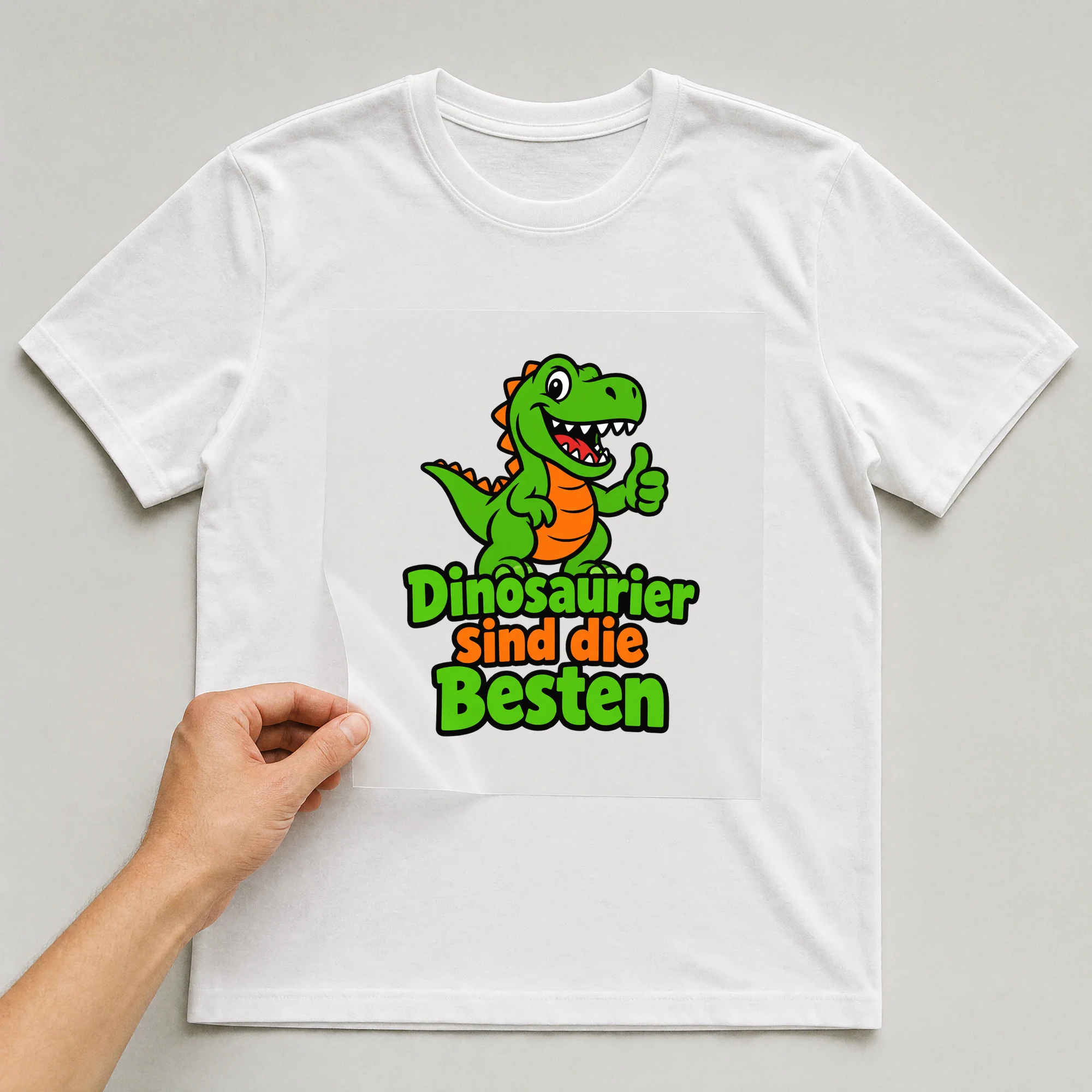 Bügelbild „Dinosaurier sind die Besten“ auf weißem T-Shirt, Folie wird aufgelegt