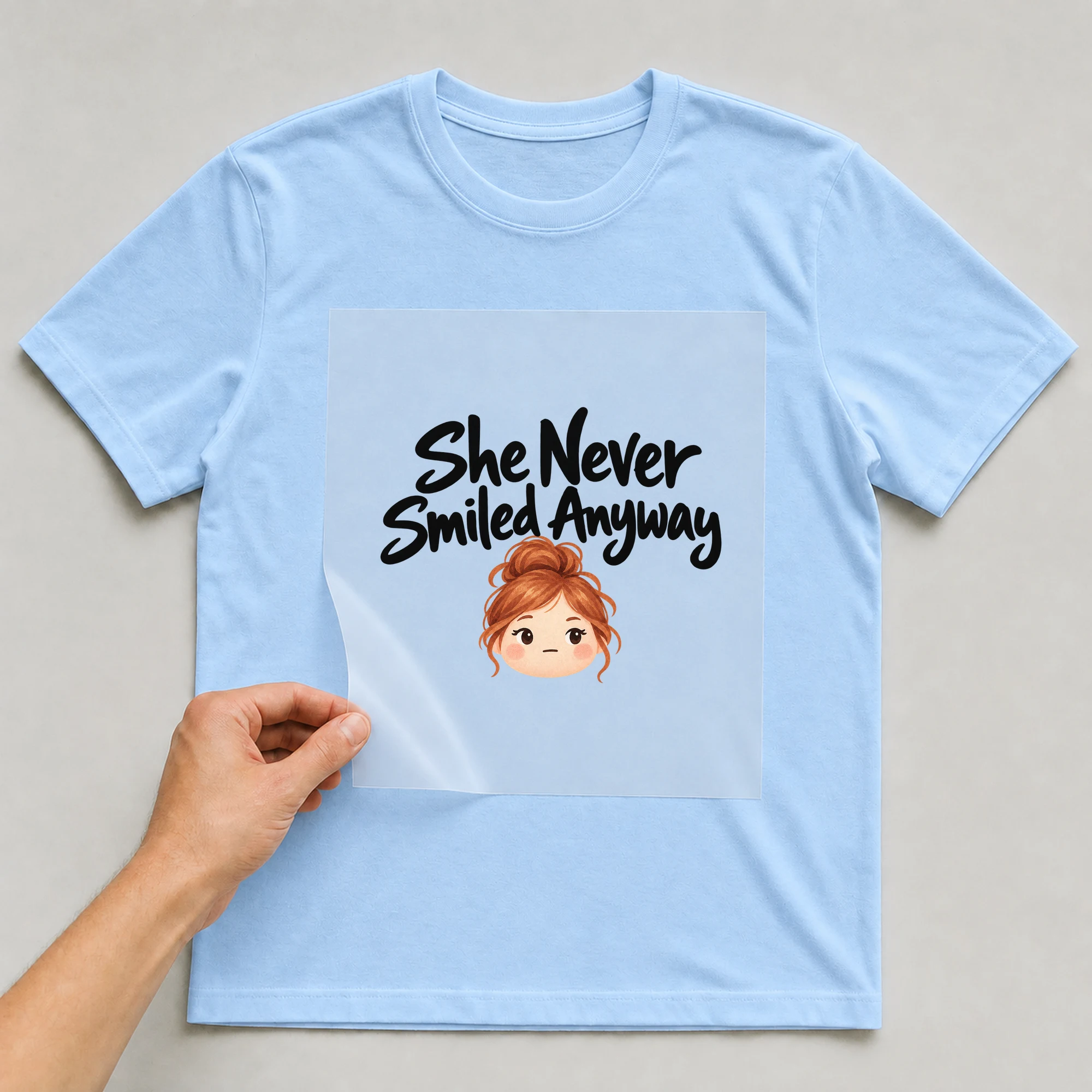 Bügelbild „She Never Smiled Anyway“ auf babyblauem T-Shirt, Folie wird aufgelegt