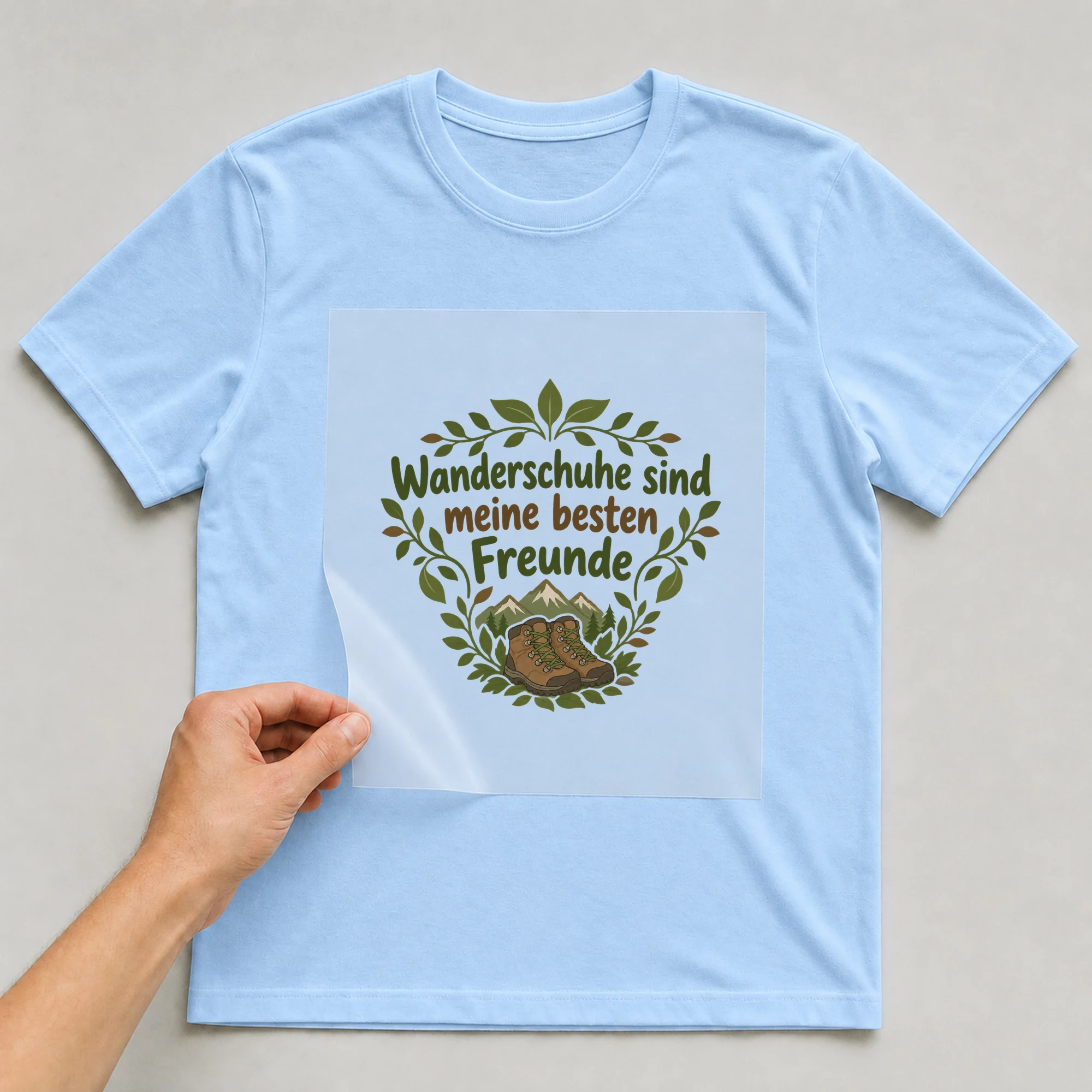 Bügelbild „Wanderschuhe sind meine besten Freunde“ auf babyblauem T-Shirt, Folie wird aufgelegt
