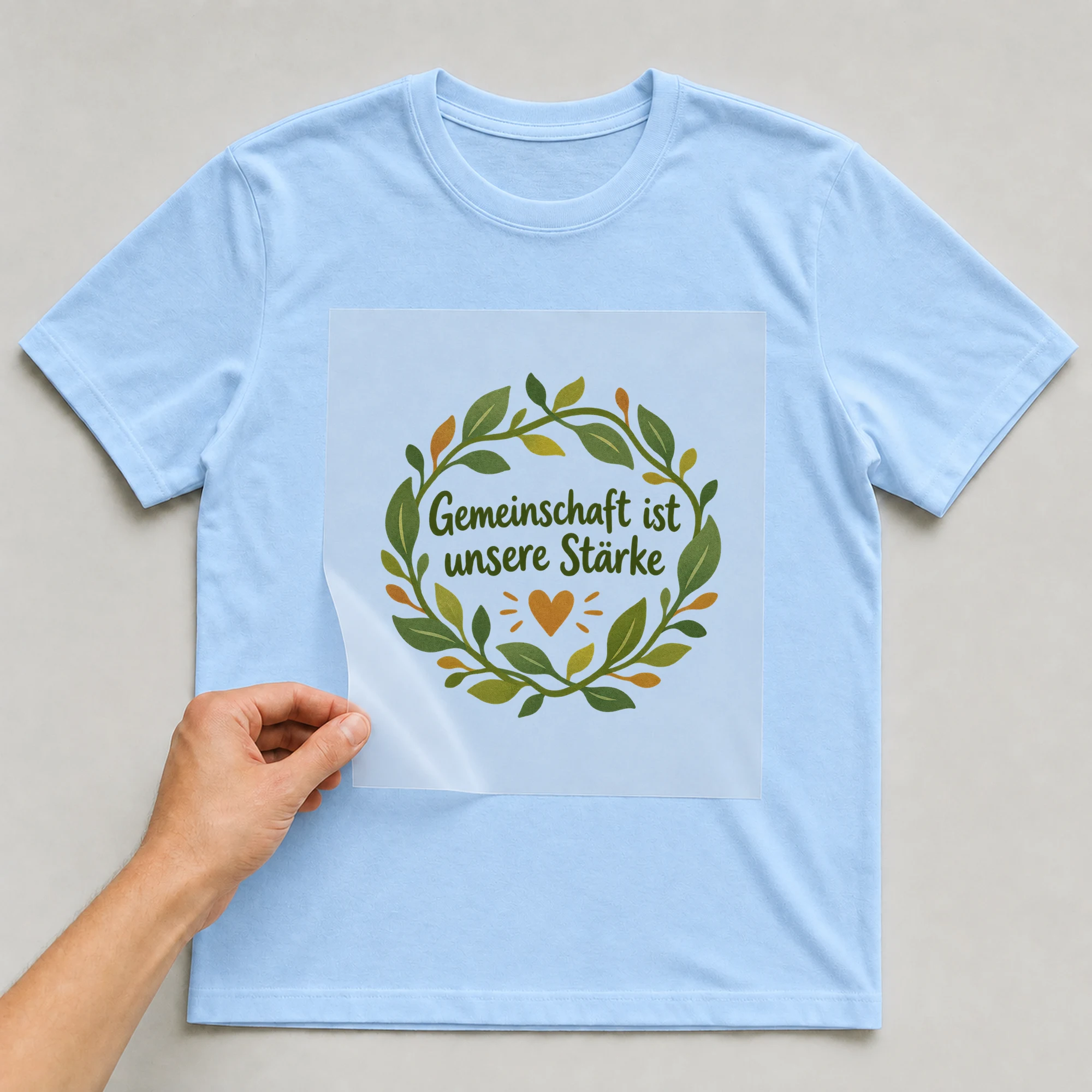 Bügelbild „Gemeinschaft ist unsere Stärke“ auf babyblauem T-Shirt, Folie wird aufgelegt