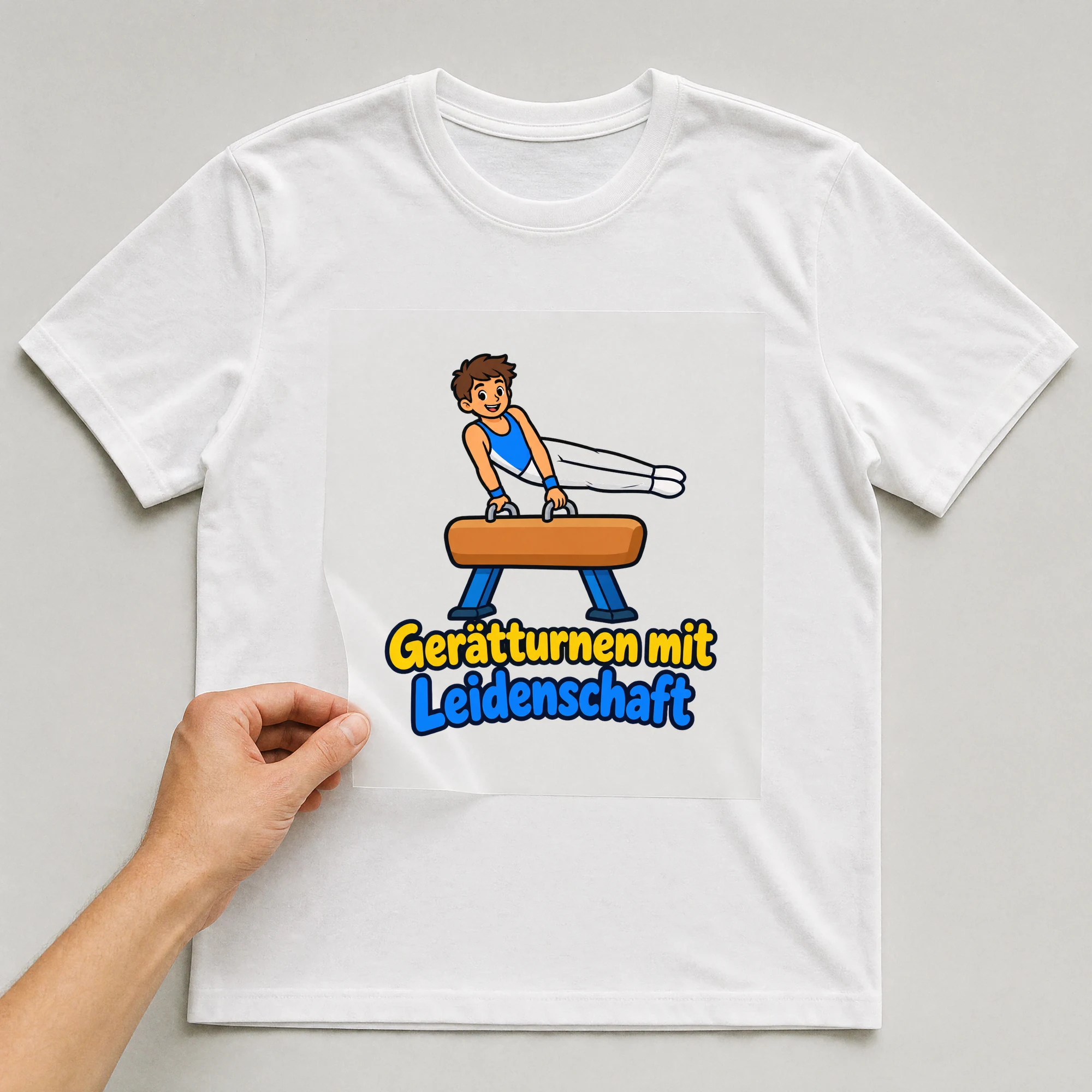 Bügelbild „Gerätturnen mit Leidenschaft“ auf weißem T-Shirt, Folie wird aufgelegt