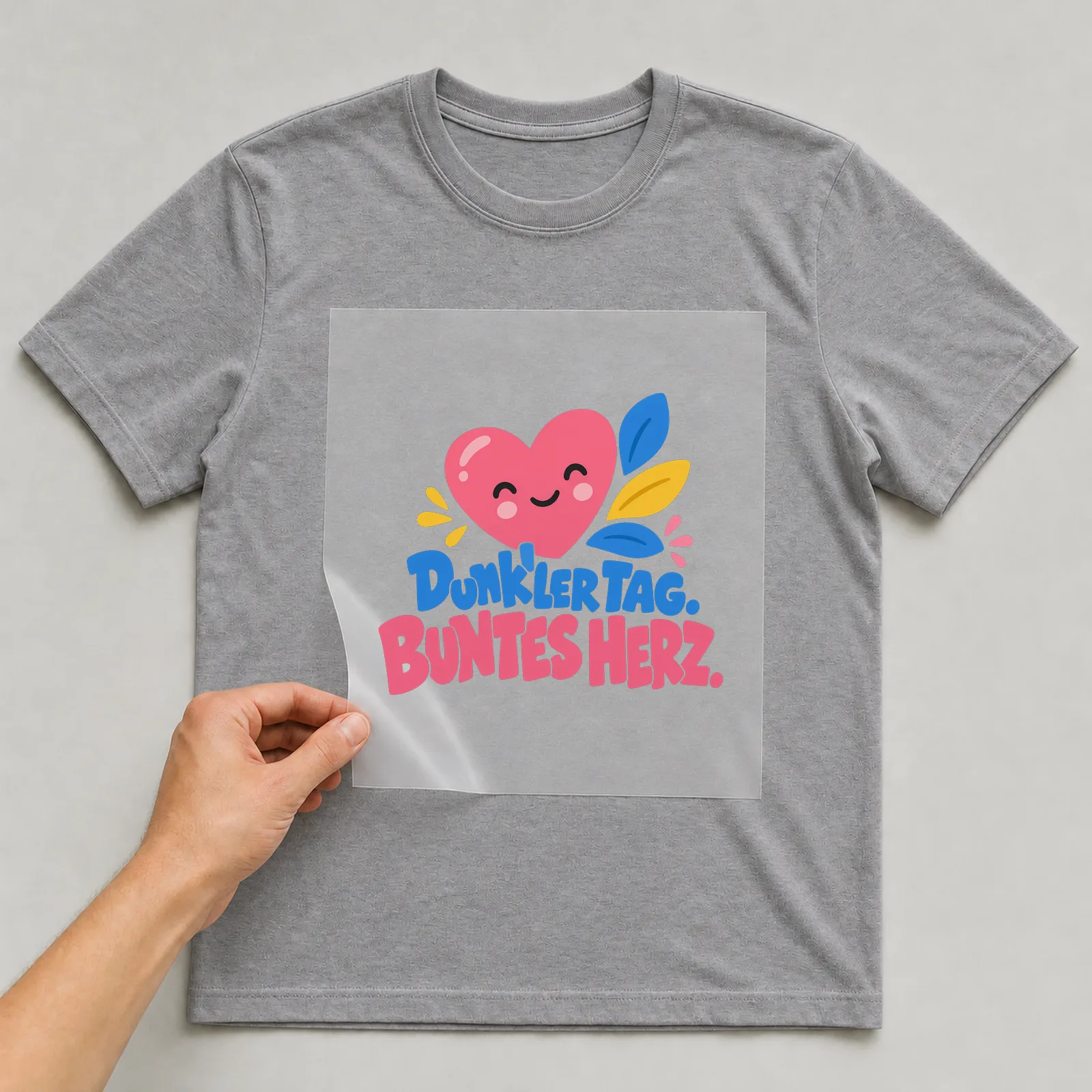 Bügelbild „Dunkler Tag. Buntes Herz.“ auf grauem T-Shirt, Folie wird aufgelegt