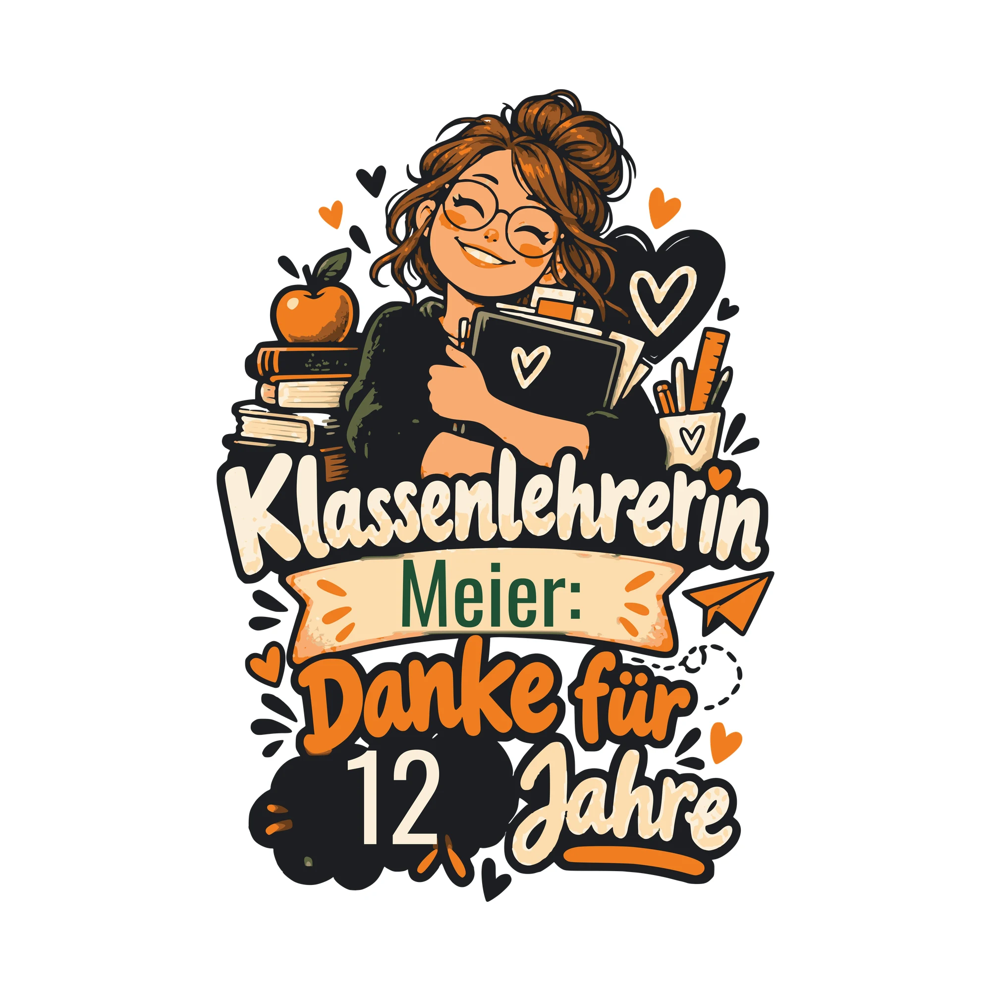 Bügelbild Danke, Klassenlehrerin mit Name und Zahl als Grafik auf weißem Hintergrund (BB011267)