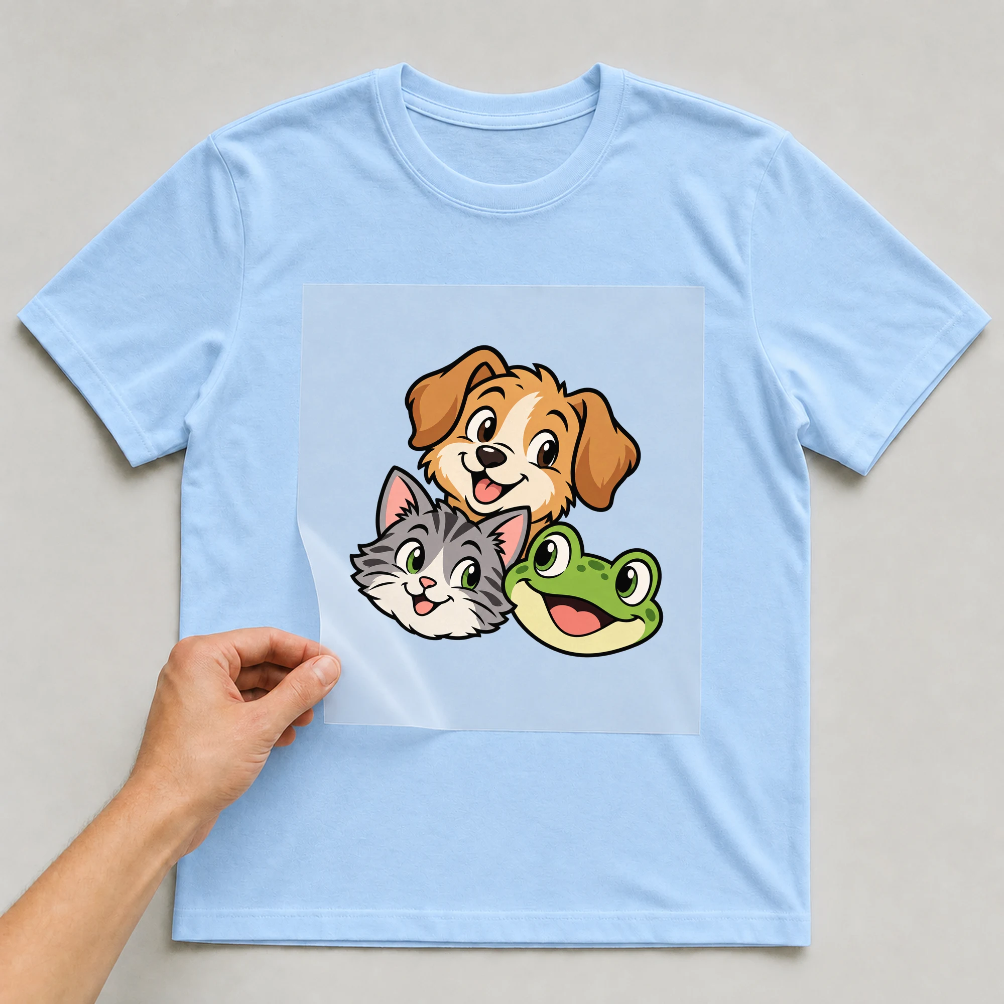 Bügelbild „Comic Tiere“ auf babyblauem T-Shirt, Folie wird aufgelegt