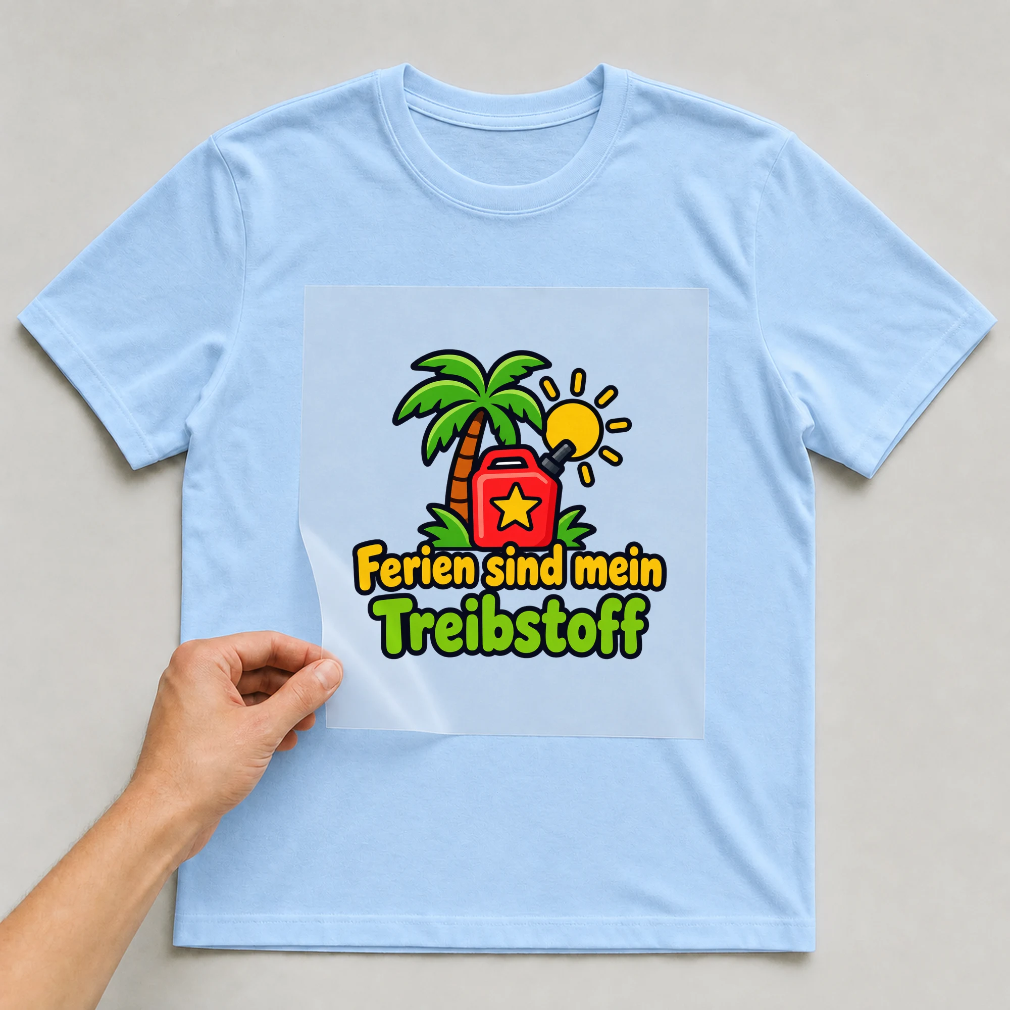 Bügelbild „Ferien sind mein Treibstoff“ auf babyblauem T-Shirt, Folie wird aufgelegt