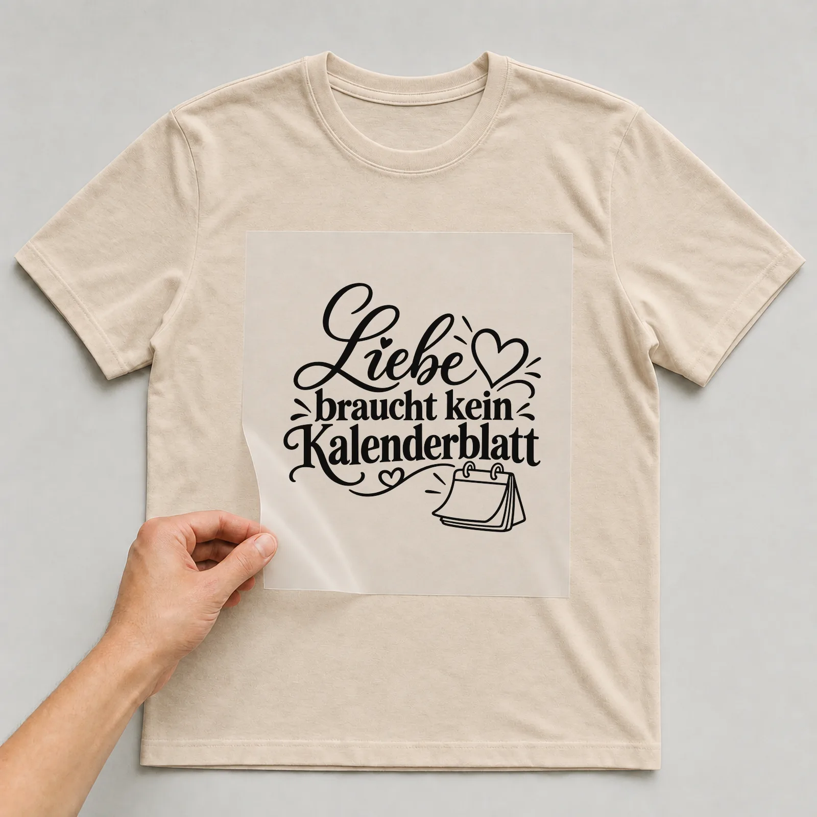 Bügelbild „Liebe braucht kein Kalenderblatt“ auf beigem T-Shirt, Folie wird aufgelegt