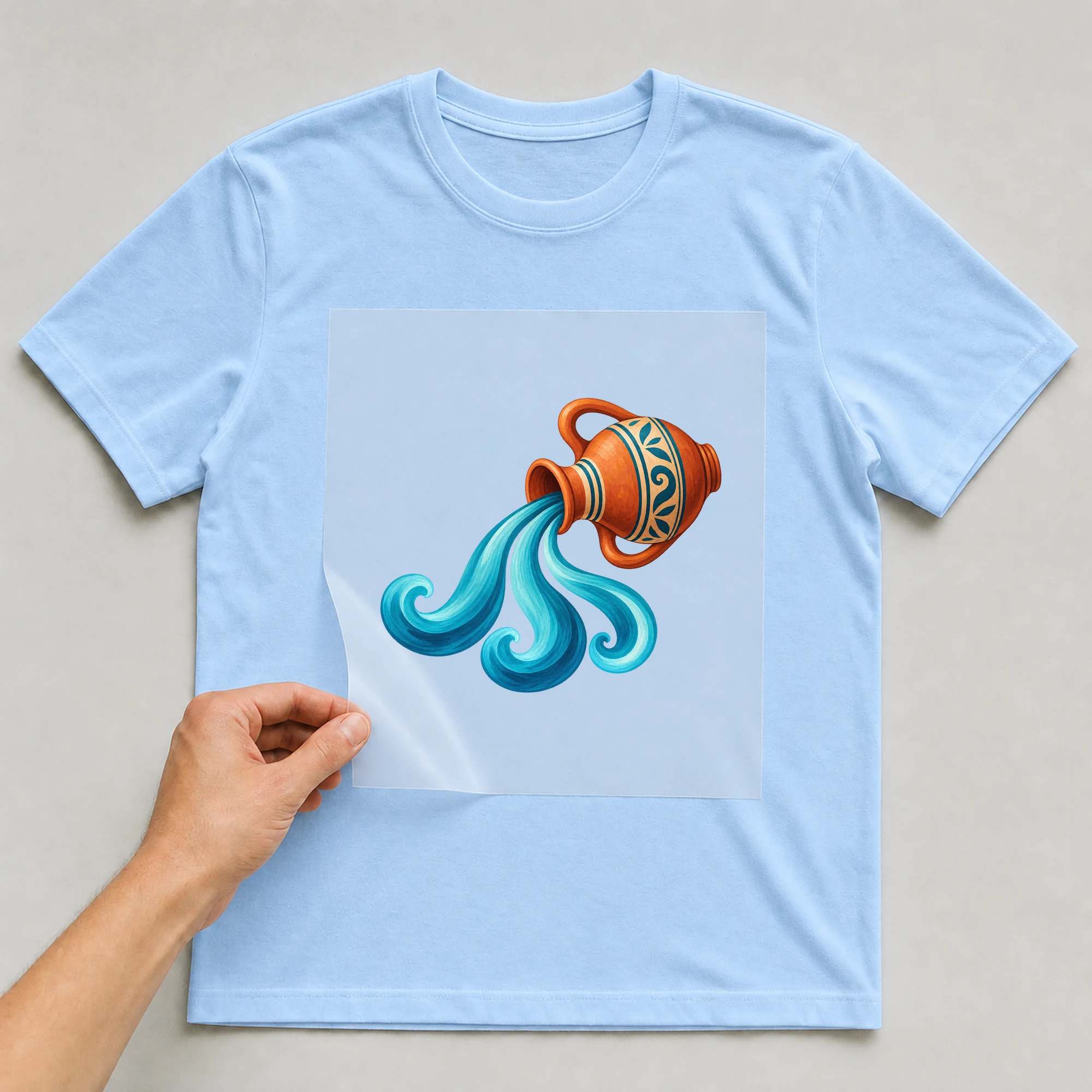 Bügelbild „Kritzel Stil Sternzeichen Wassermann“ auf babyblauem T-Shirt, Folie wird aufgelegt