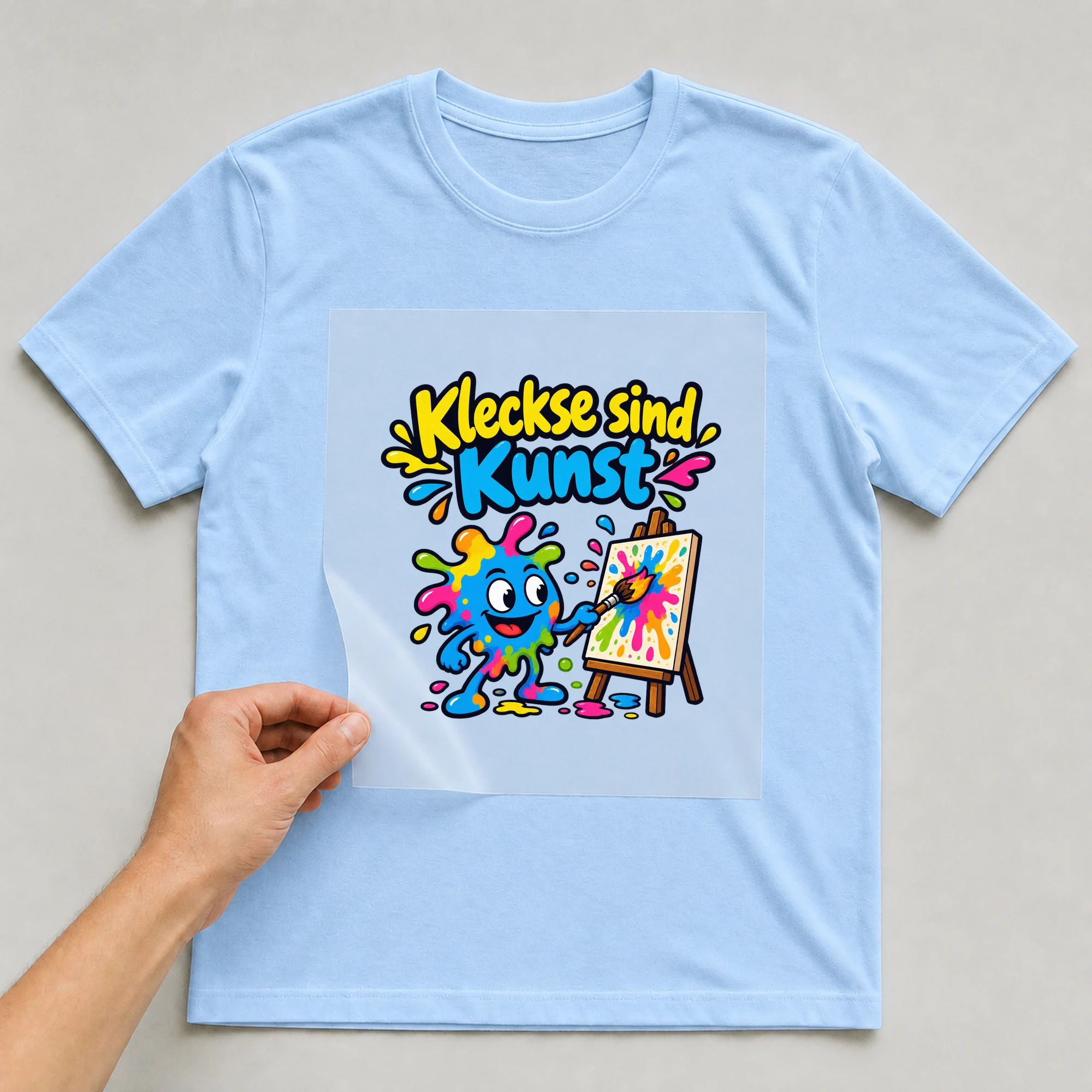 Bügelbild „Kleckse sind Kunst“ auf babyblauem T-Shirt, Folie wird aufgelegt