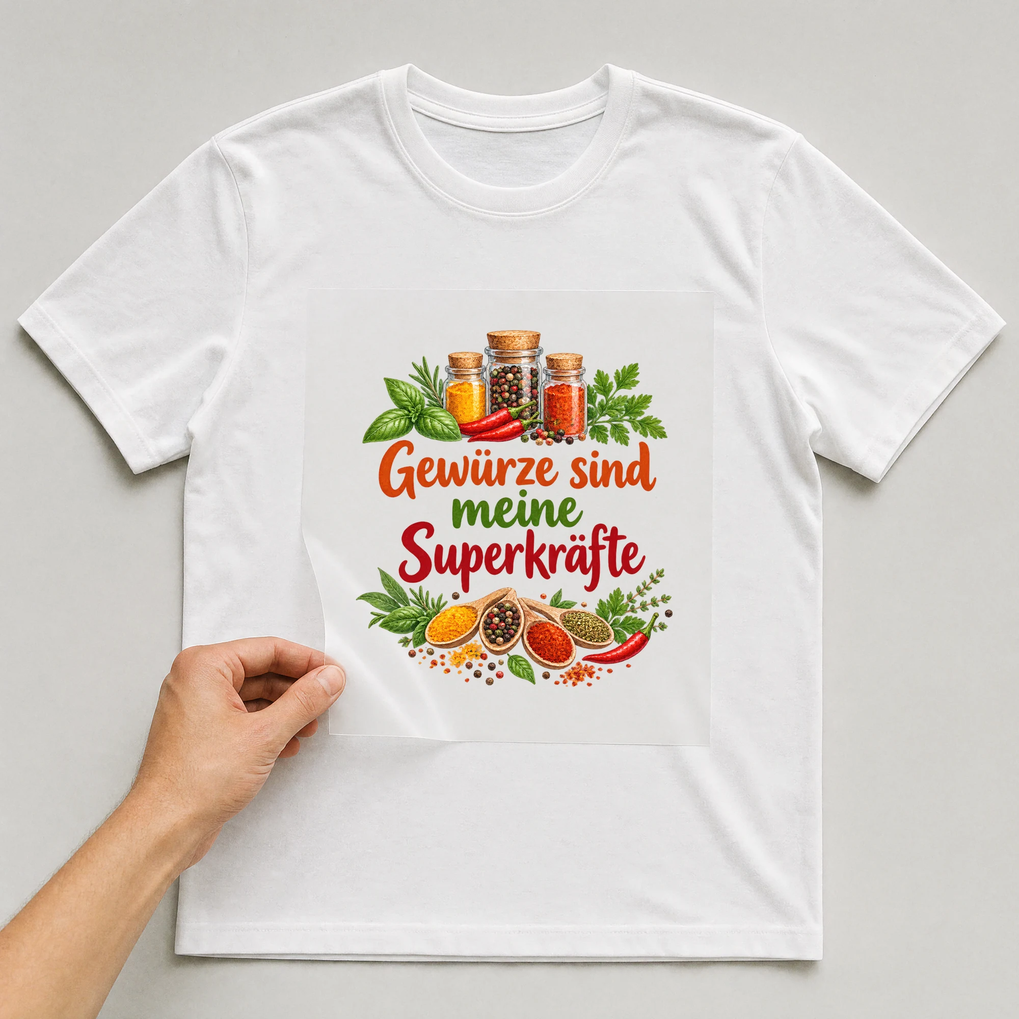 Bügelbild „Gewürze sind meine Superkräfte“ auf weißem T-Shirt, Folie wird aufgelegt