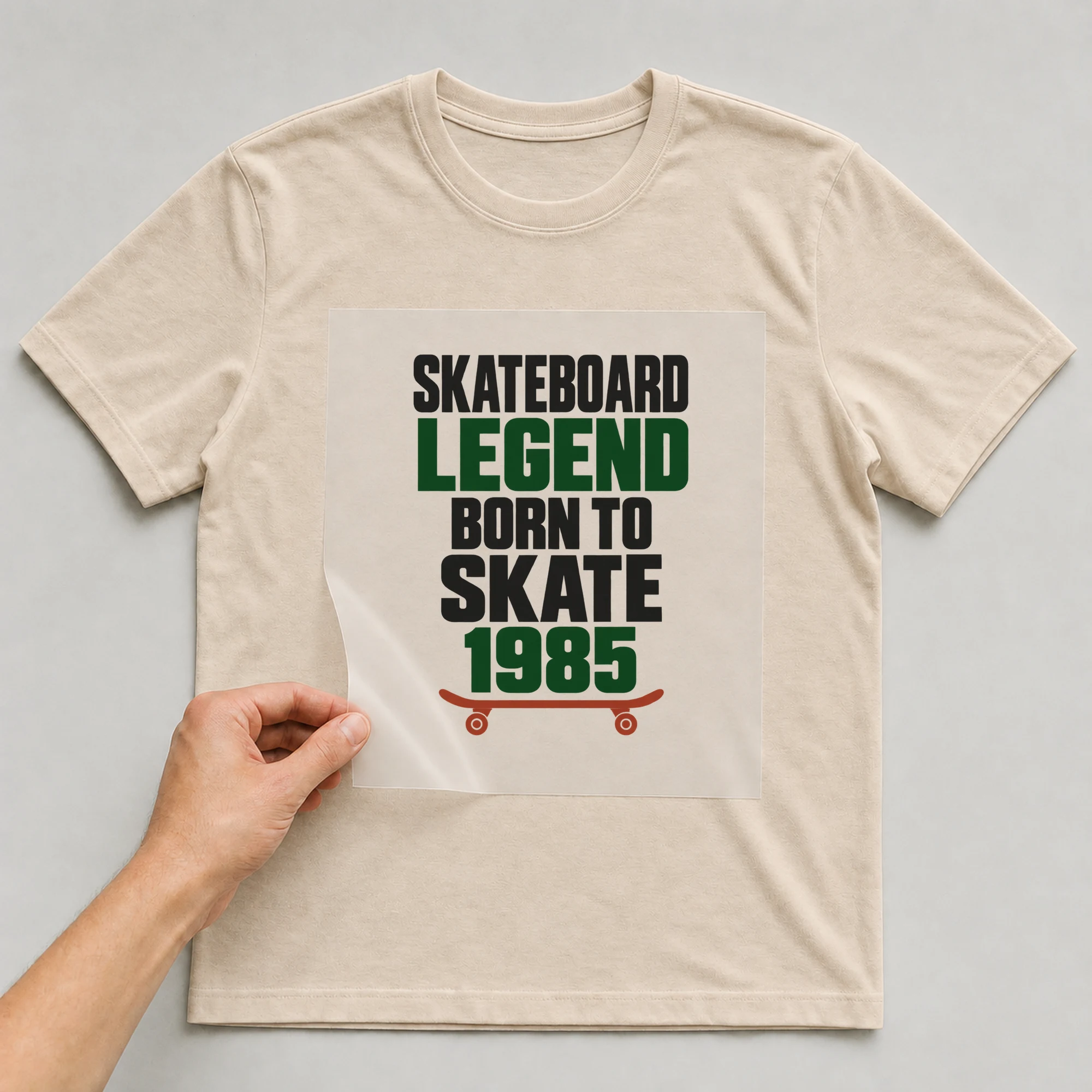 Bügelbild „Skateboard Legend Born To Skate 1985“ auf beigem T-Shirt, Folie wird aufgelegt