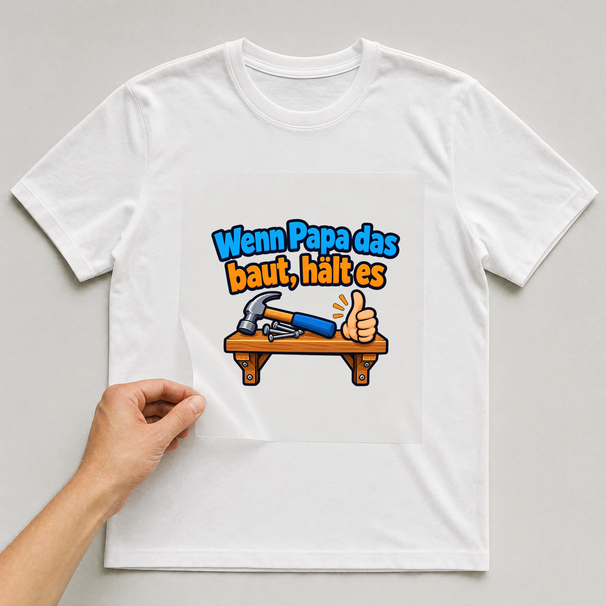 Bügelbild „Wenn Papa das baut, hält es“ auf weißem T-Shirt, Folie wird aufgelegt