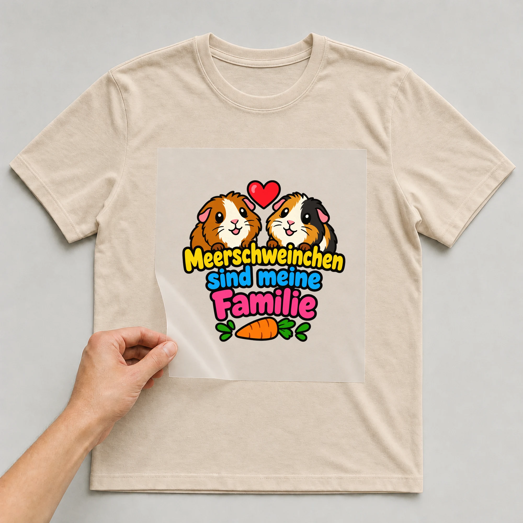 Bügelbild „Meerschweinchen sind meine Familie“ auf beigem T-Shirt, Folie wird aufgelegt