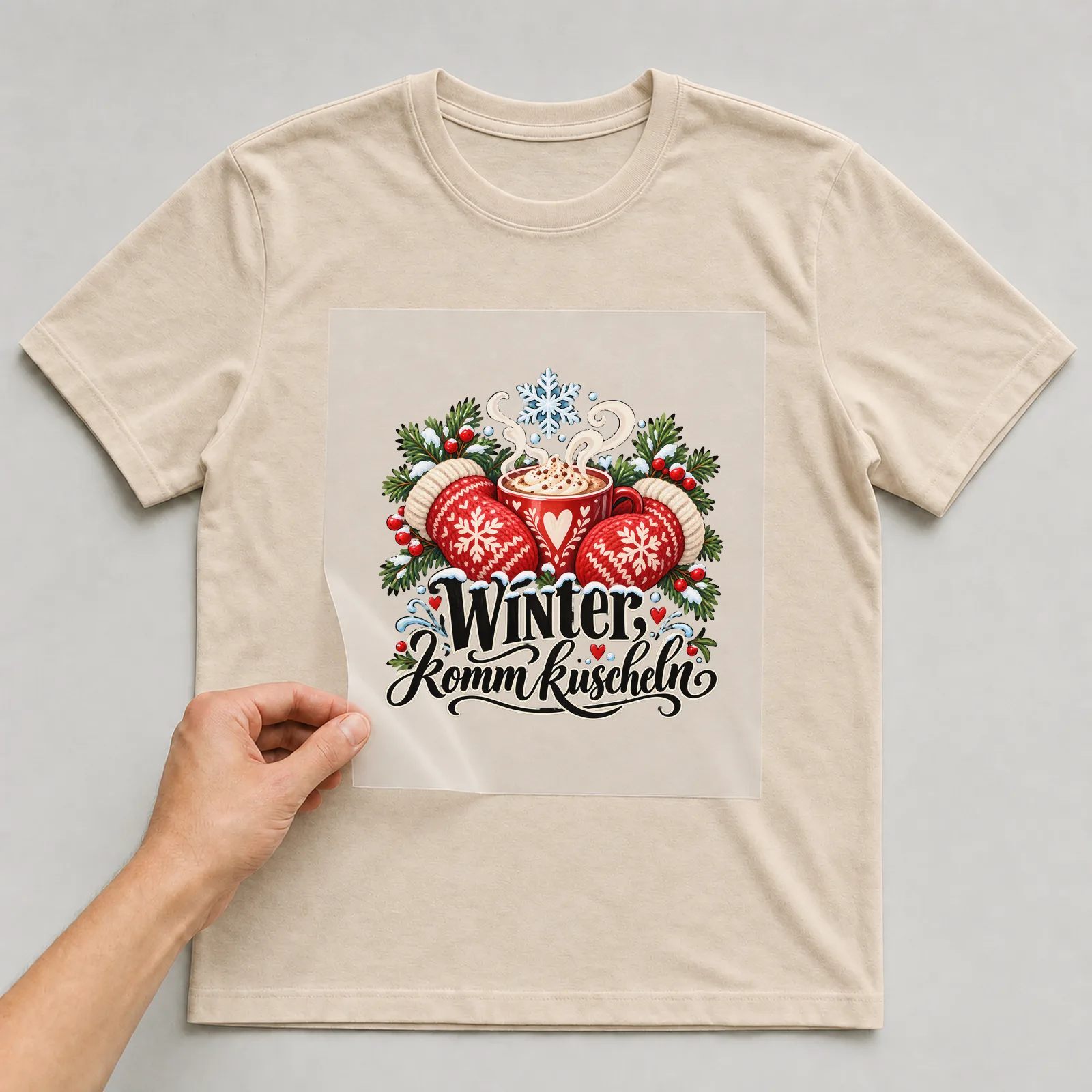 Bügelbild „Winter, komm kuscheln“ auf beigem T-Shirt, Folie wird aufgelegt