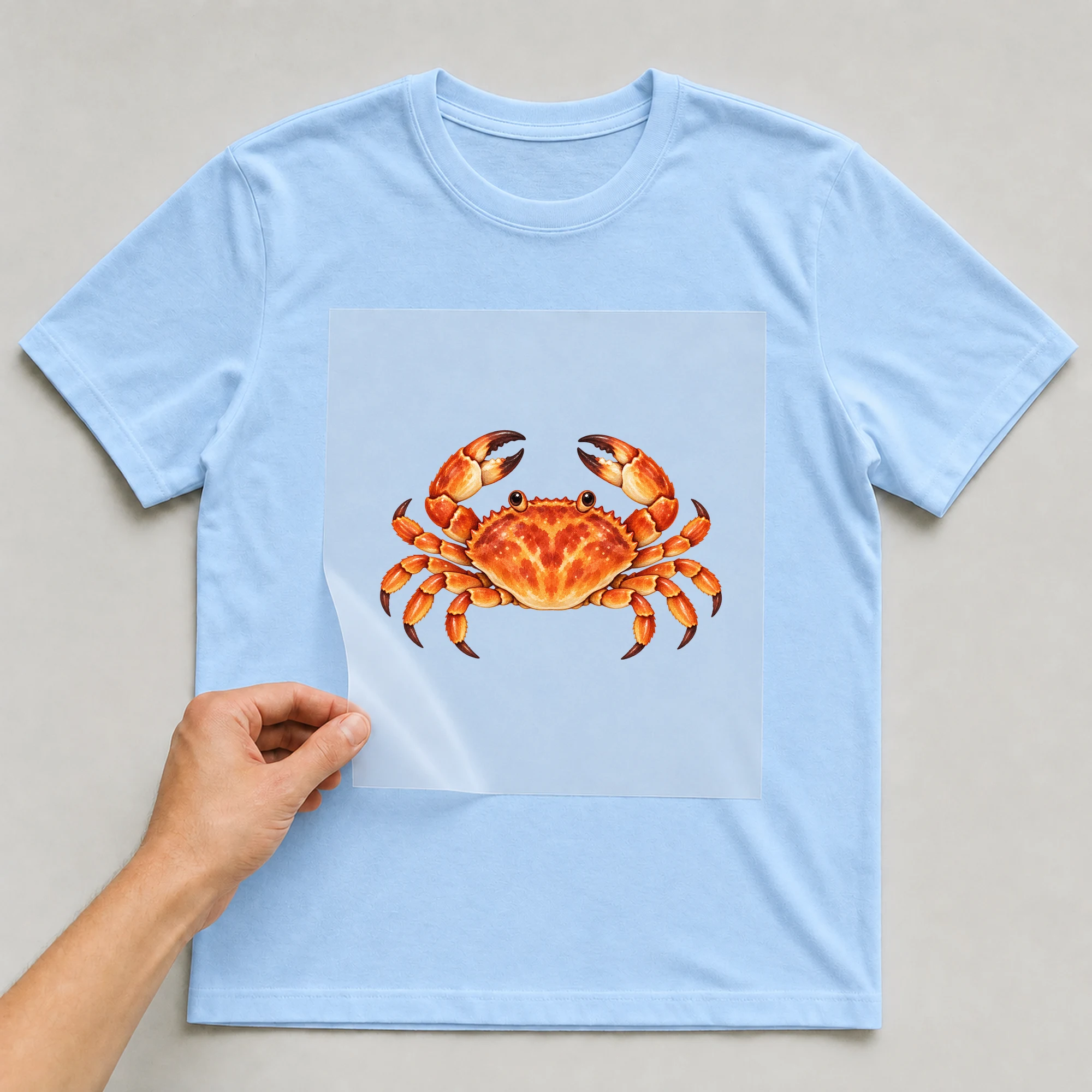 Bügelbild „Kritzel Stil Sternzeichen Krebs“ auf babyblauem T-Shirt, Folie wird aufgelegt