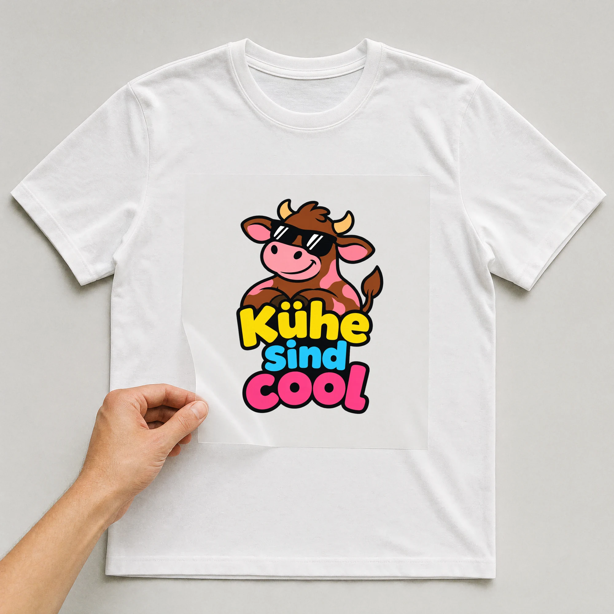 Bügelbild „Kühe sind cool“ auf weißem T-Shirt, Folie wird aufgelegt
