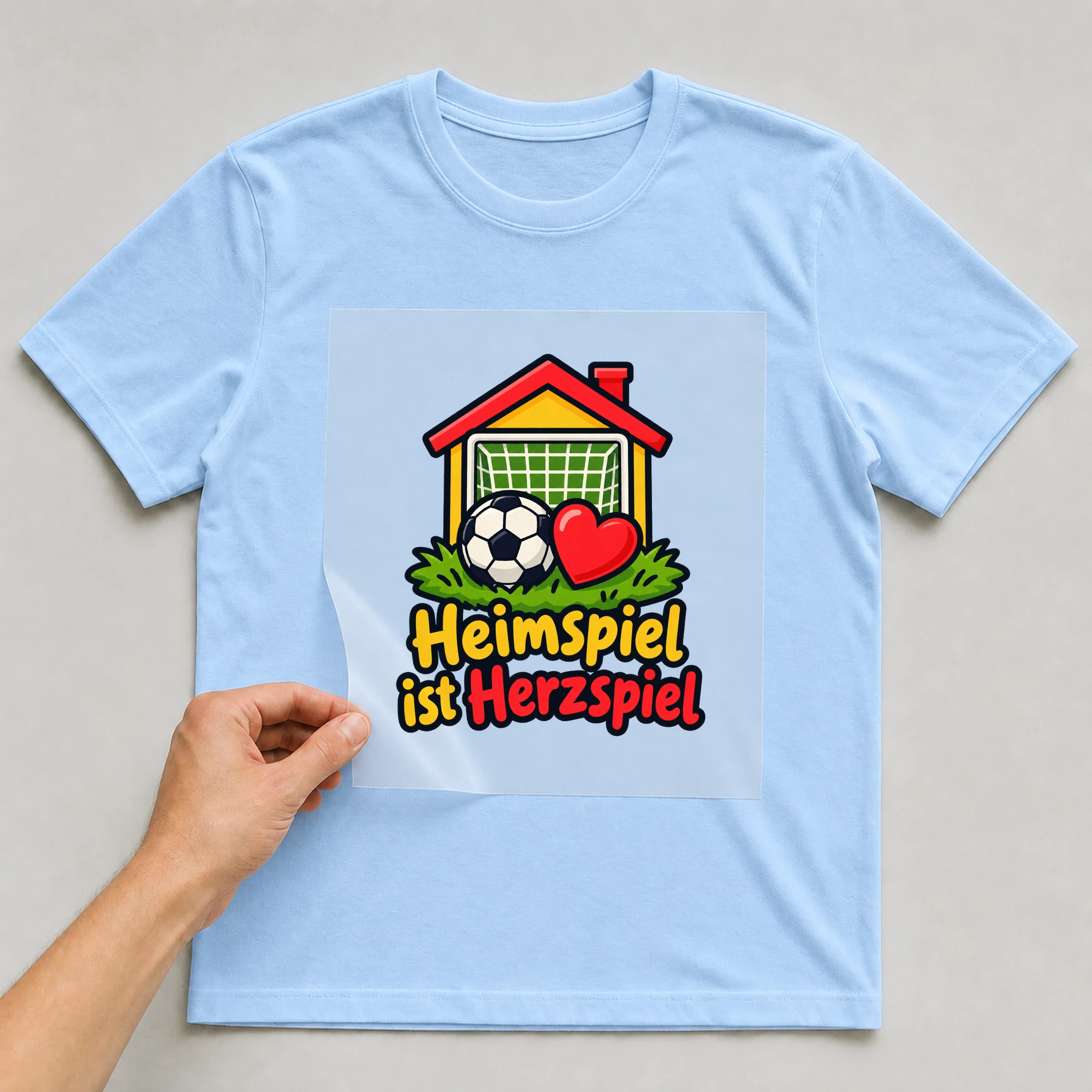 Bügelbild „Heimspiel ist Herzspiel“ auf babyblauem T-Shirt, Folie wird aufgelegt