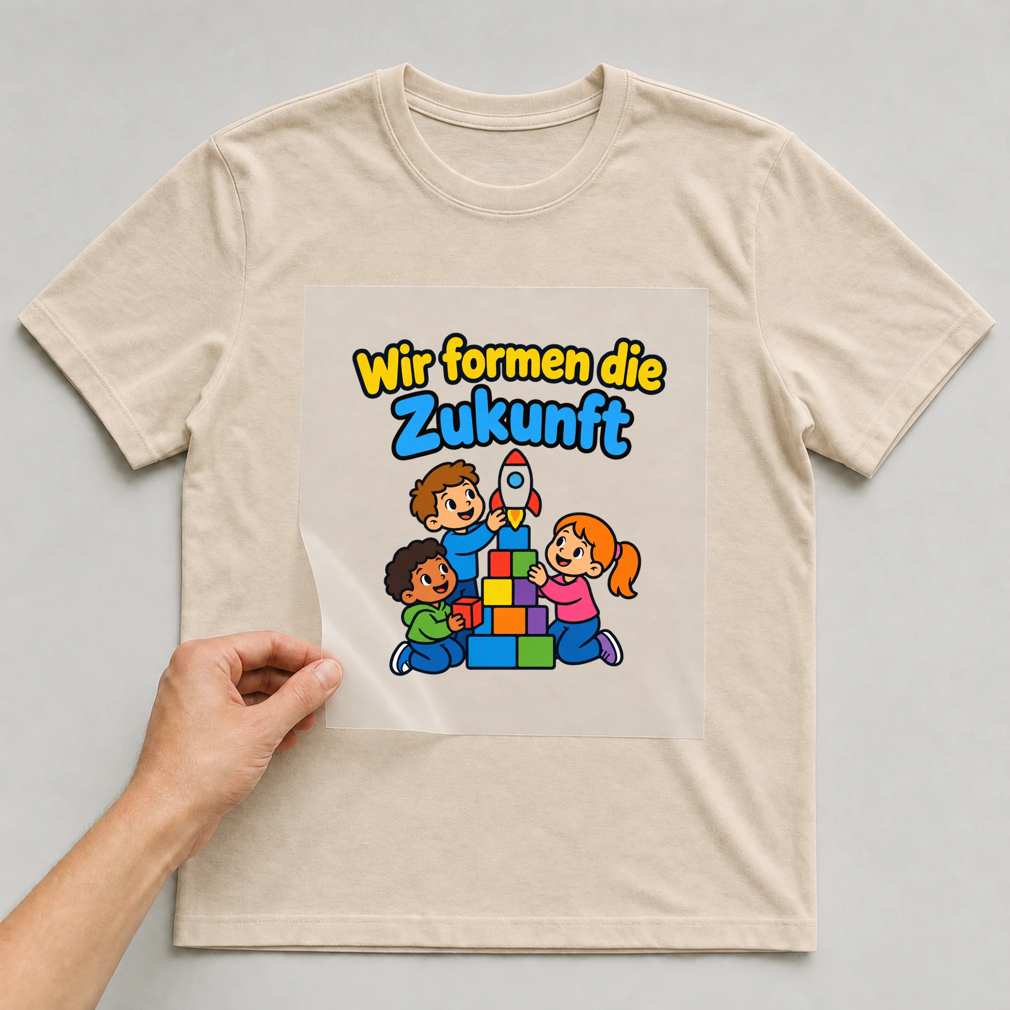 Bügelbild „Wir formen die Zukunft“ auf beigem T-Shirt, Folie wird aufgelegt