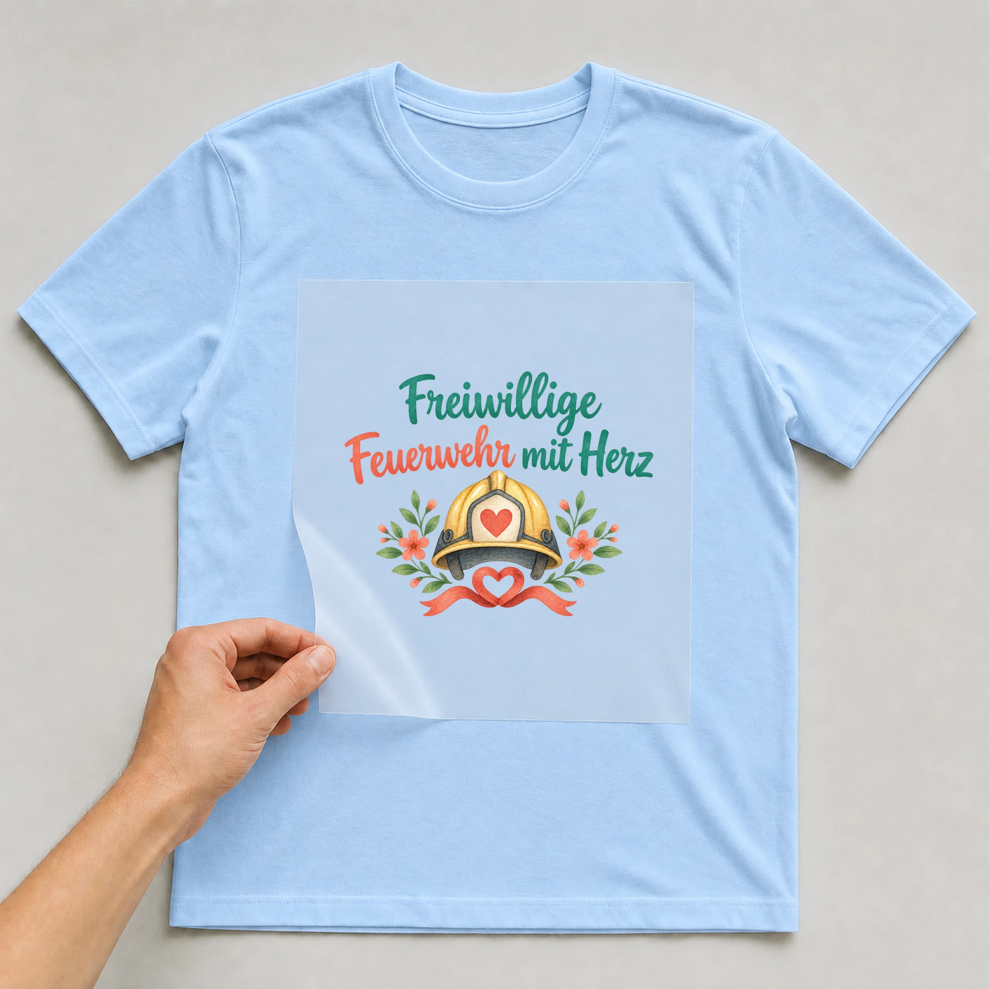 Bügelbild „Freiwillige Feuerwehr mit Herz“ auf babyblauem T-Shirt, Folie wird aufgelegt