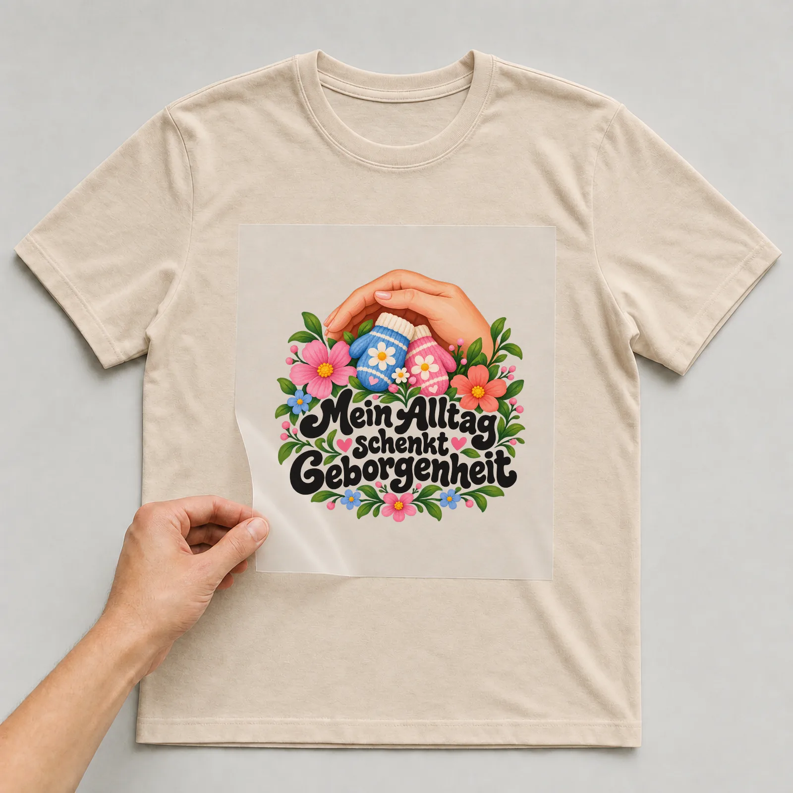 Bügelbild „Mein Alltag schenkt Geborgenheit“ auf beigem T-Shirt, Folie wird aufgelegt