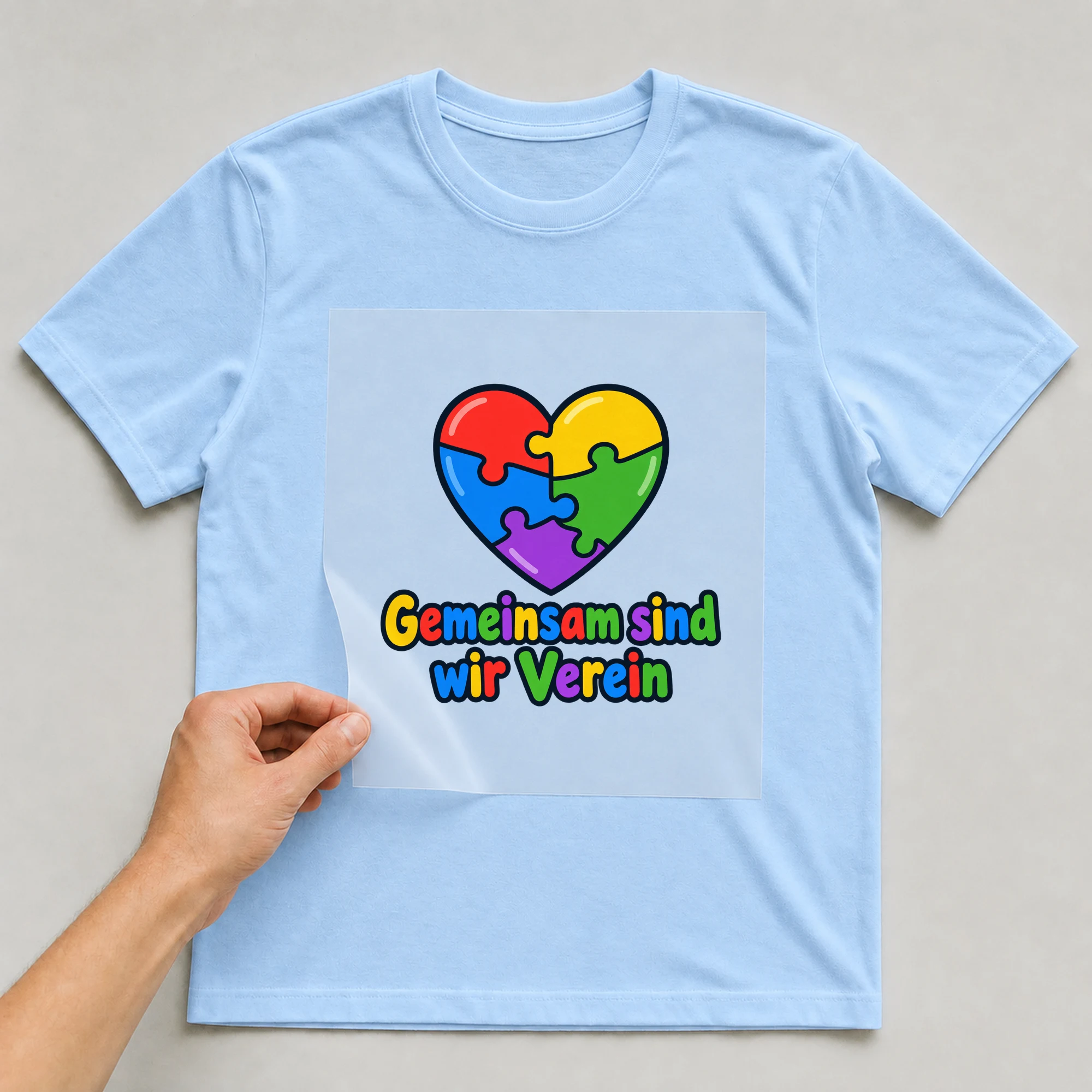 Bügelbild „Gemeinsam sind wir Verein“ auf babyblauem T-Shirt, Folie wird aufgelegt