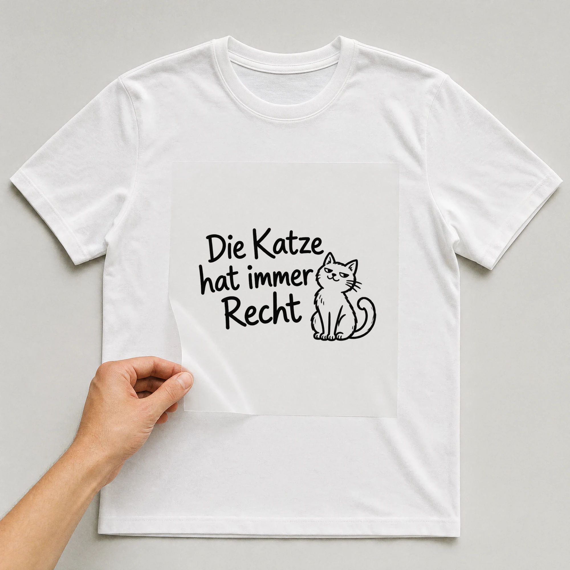 Bügelbild „Die Katze hat immer Recht“ auf weißem T-Shirt, Folie wird aufgelegt