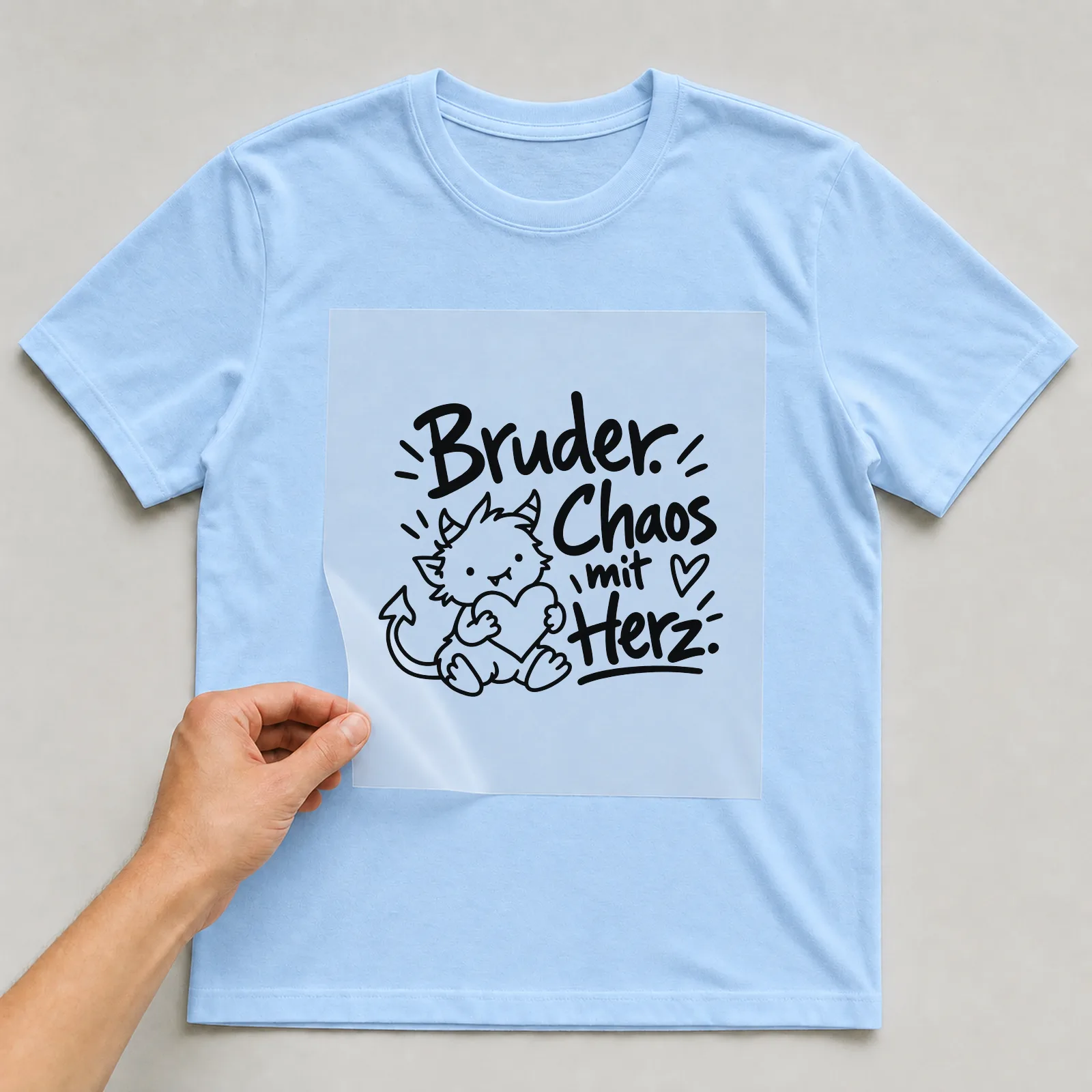 Bügelbild „Bruder. Chaos mit Herz.“ auf hellblauem T-Shirt, Folie wird aufgelegt