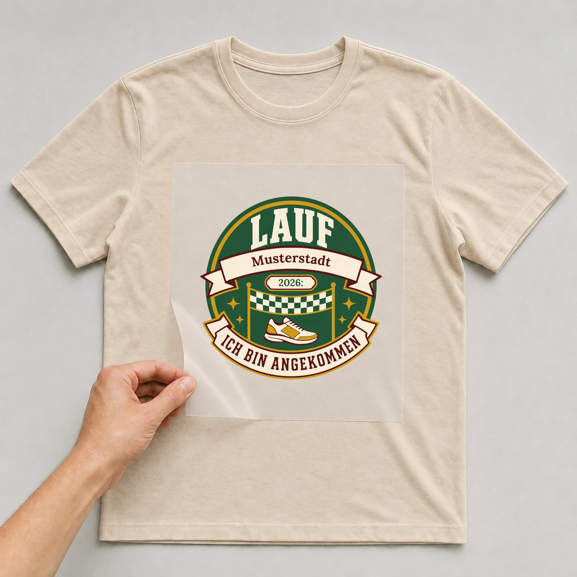 Bügelbild Lauf: Ich bin angekommen mit Ort und Jahr auf beigem T-Shirt, Folie wird aufgelegt