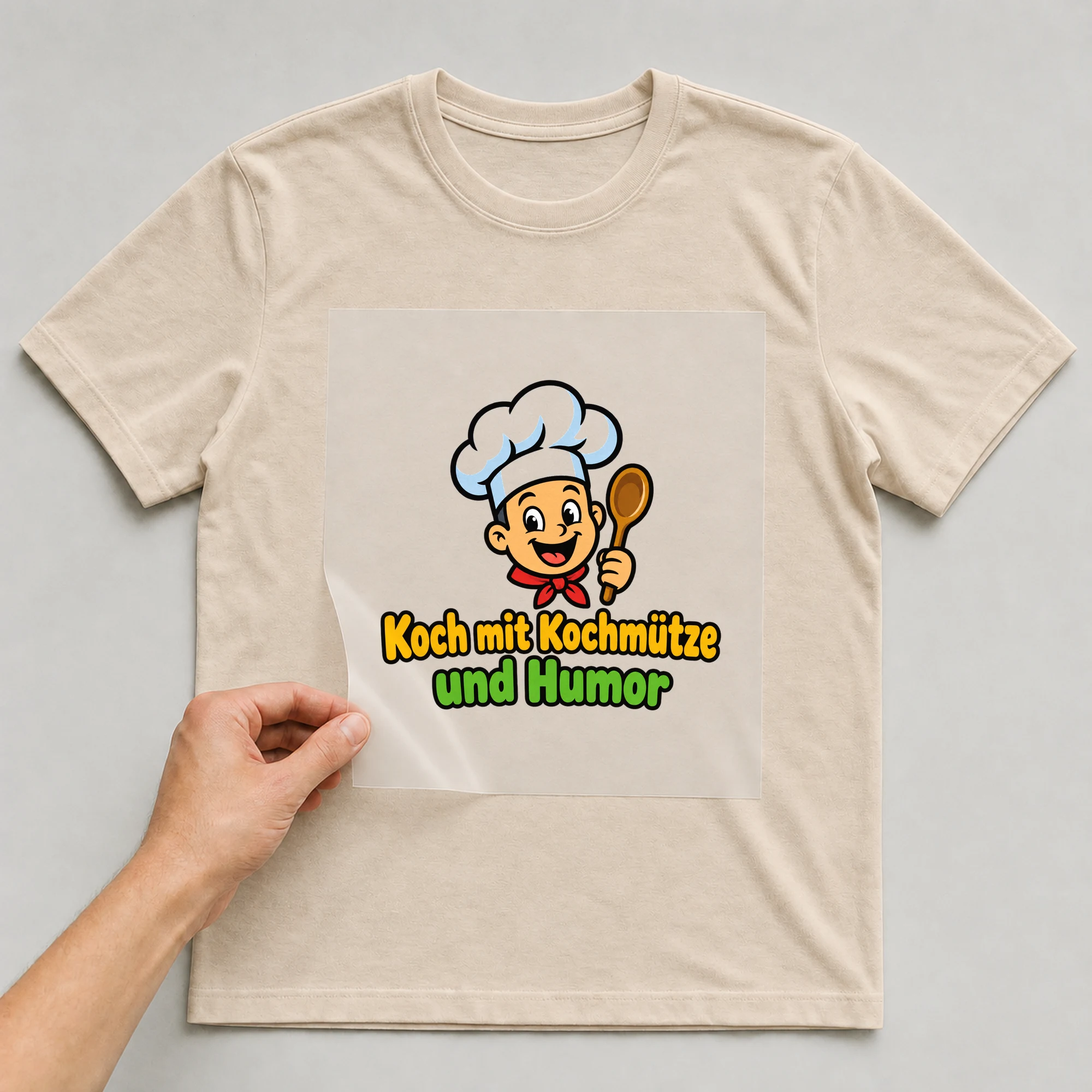 Bügelbild „Koch mit Kochmütze und Humor“ auf beigem T-Shirt, Folie wird aufgelegt