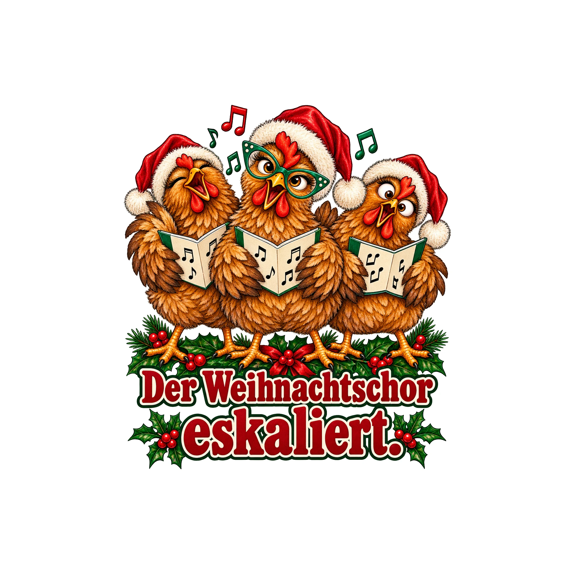 Bügelbild huhn weihnachtschor als Grafik auf weißem Hintergrund (BB011387)
