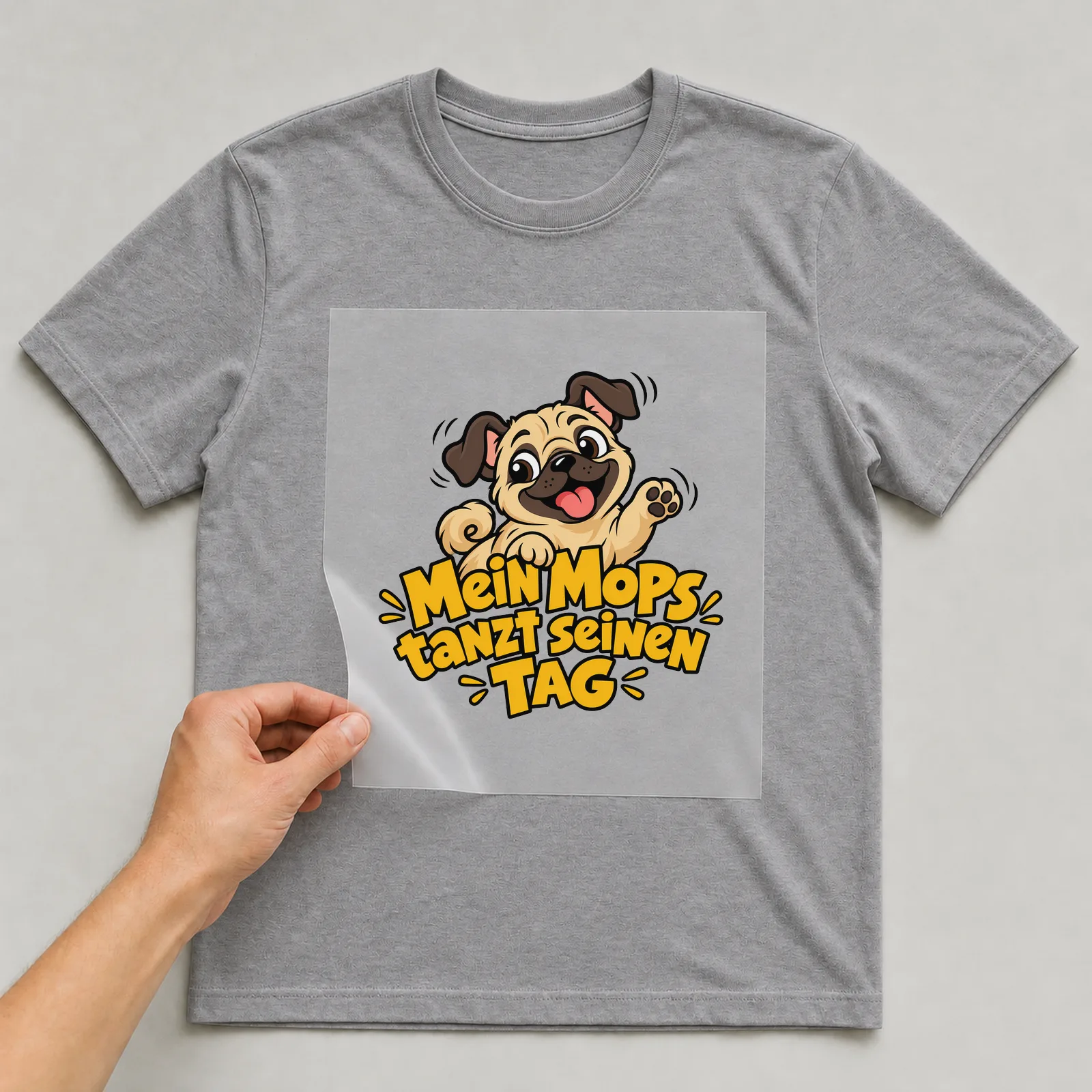 Bügelbild „Mein Mops tanzt seinen Tag“ auf grauem T-Shirt, Folie wird aufgelegt