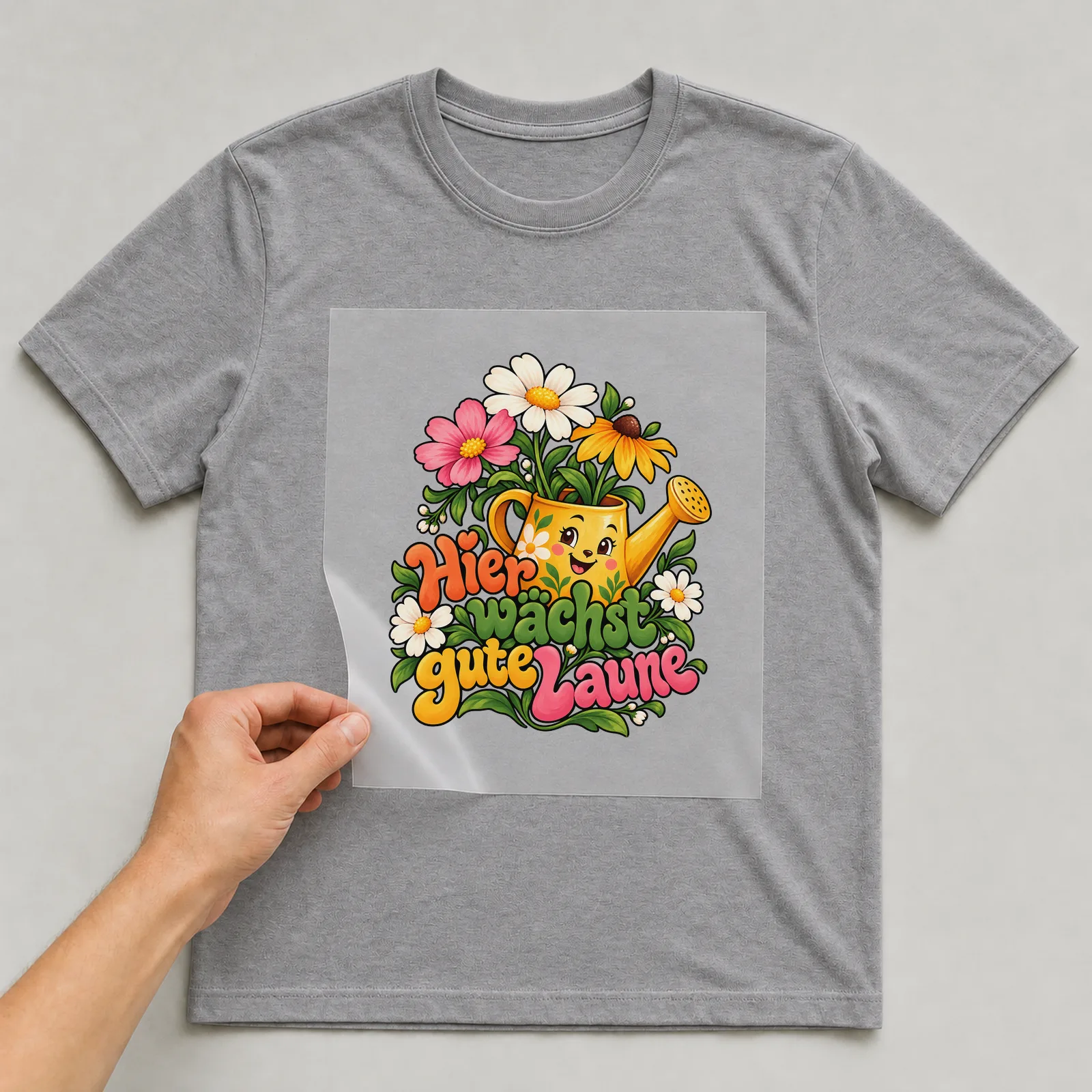 Bügelbild „Hier wächst gute Laune“ auf grauem T-Shirt, Folie wird aufgelegt