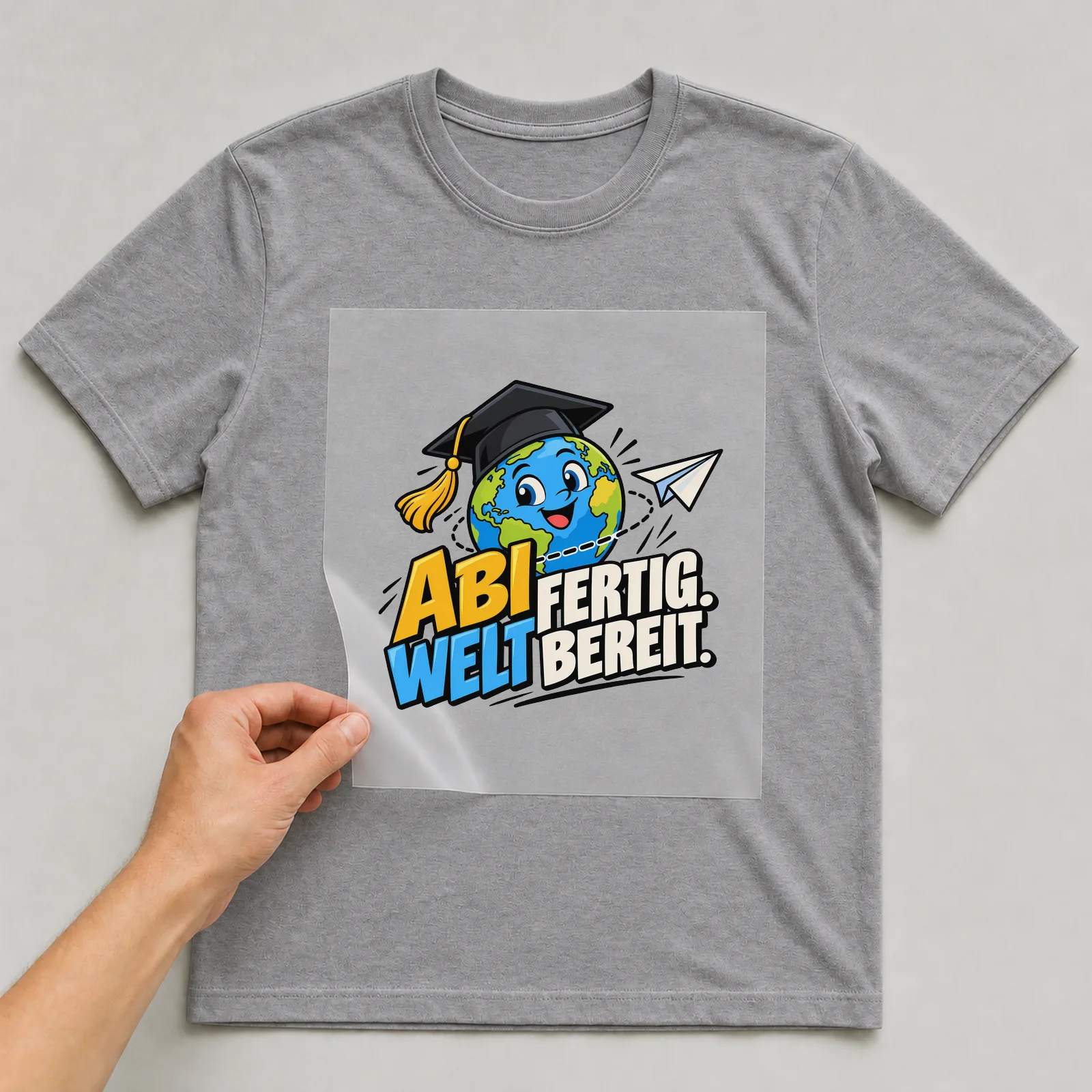 Bügelbild „Abi fertig. Welt bereit.“ auf grauem T-Shirt, Folie wird aufgelegt
