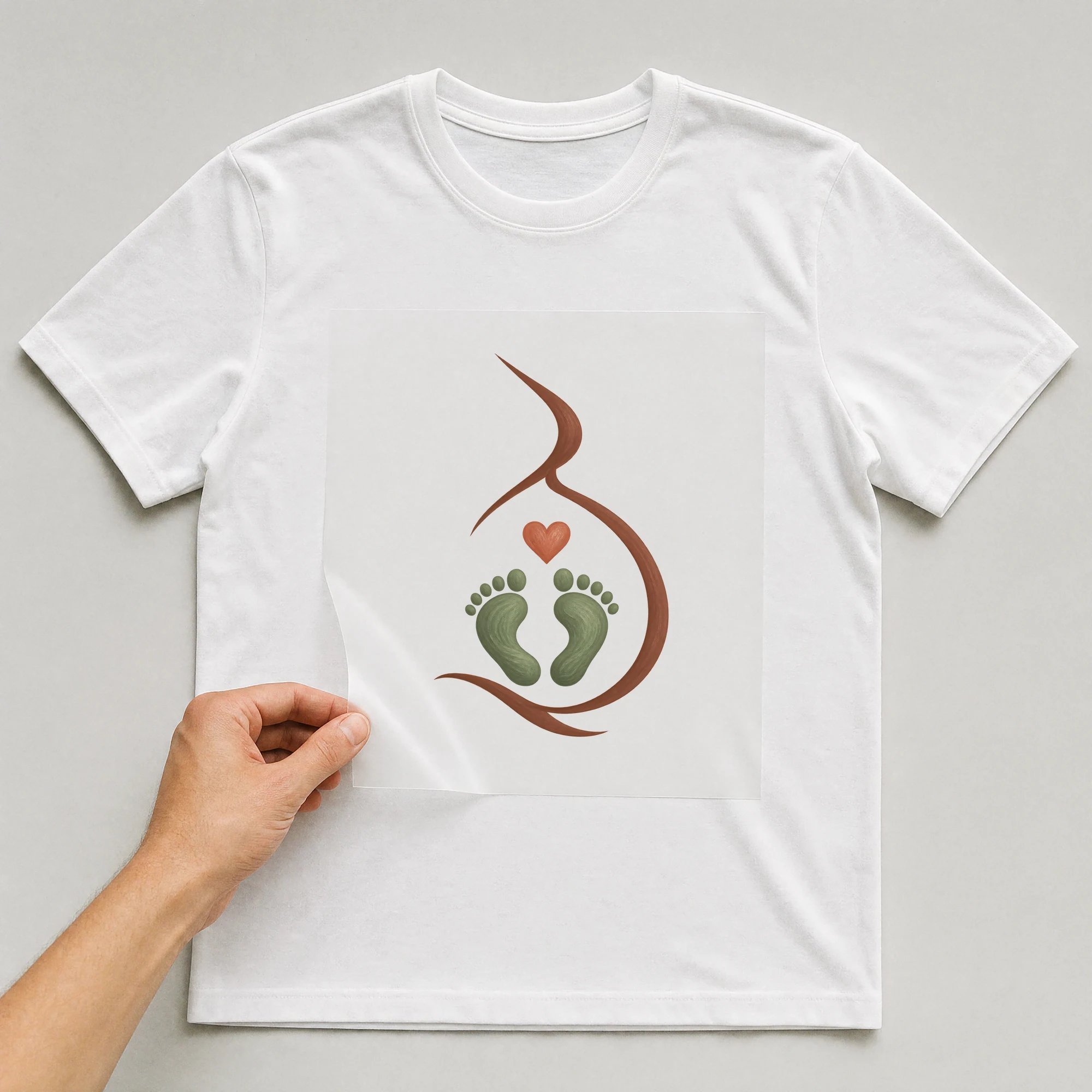 Bügelbild „Babybauch“ auf weißem T-Shirt, Folie wird aufgelegt
