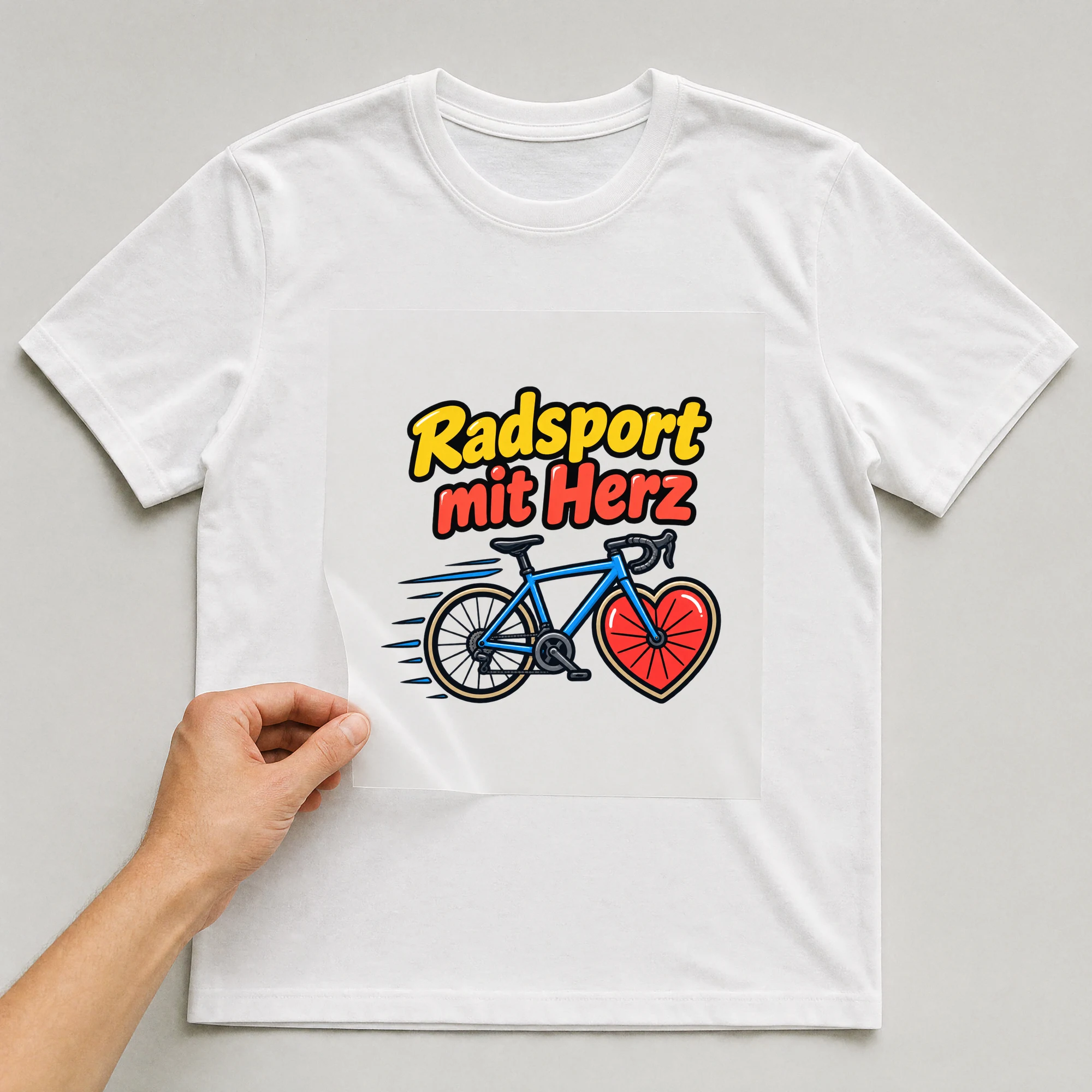 Bügelbild „Radsport mit Herz“ auf weißem T-Shirt, Folie wird aufgelegt