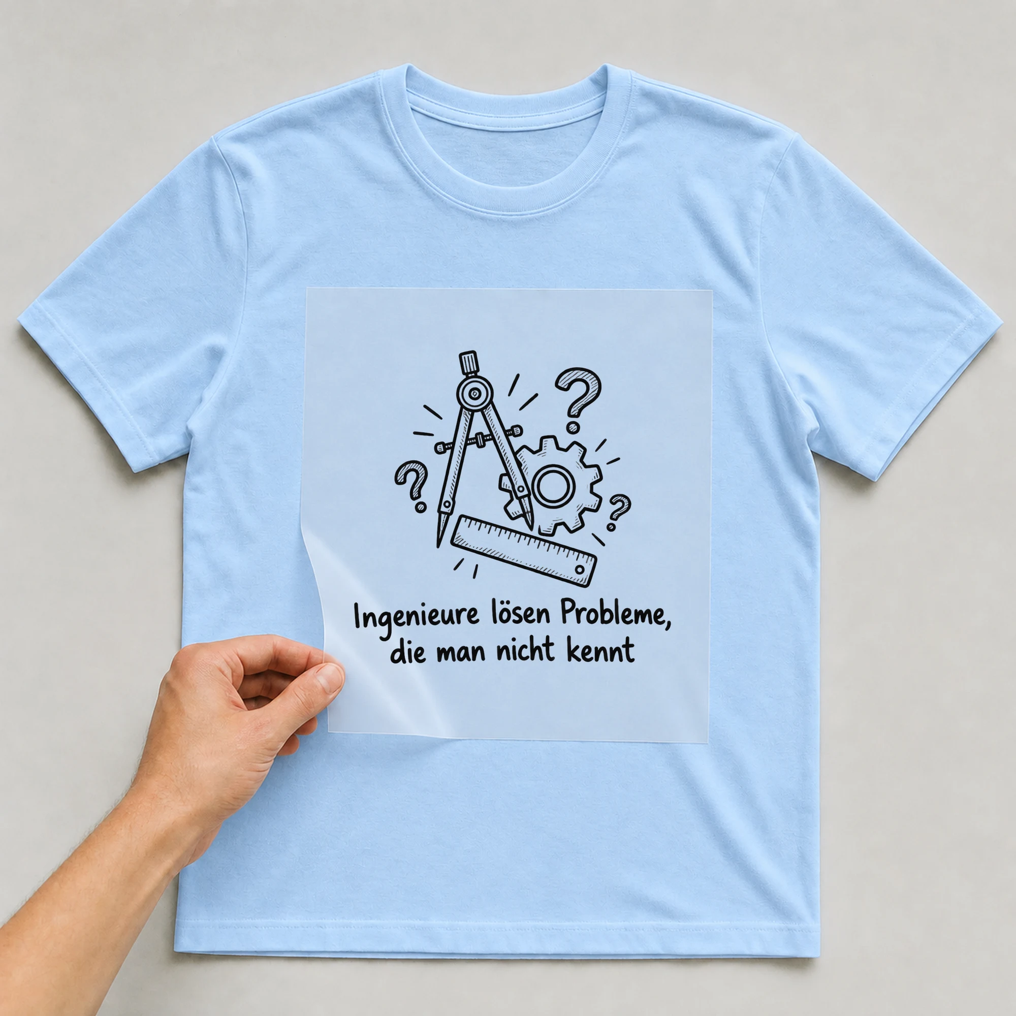 Bügelbild „Ingenieure lösen Probleme, die man nicht kennt“ auf babyblauem T-Shirt, Folie wird aufgelegt