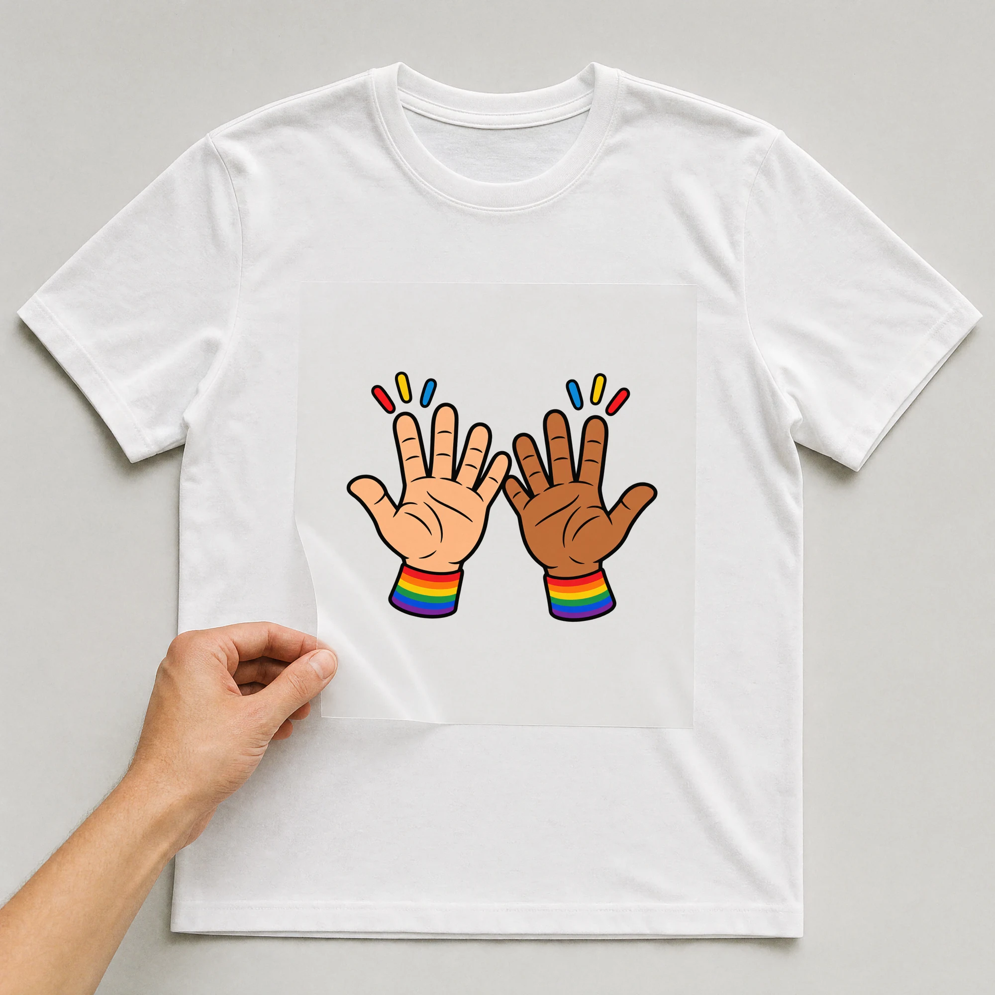 Bügelbild „One Love Hände“ auf weißem T-Shirt, Folie wird aufgelegt