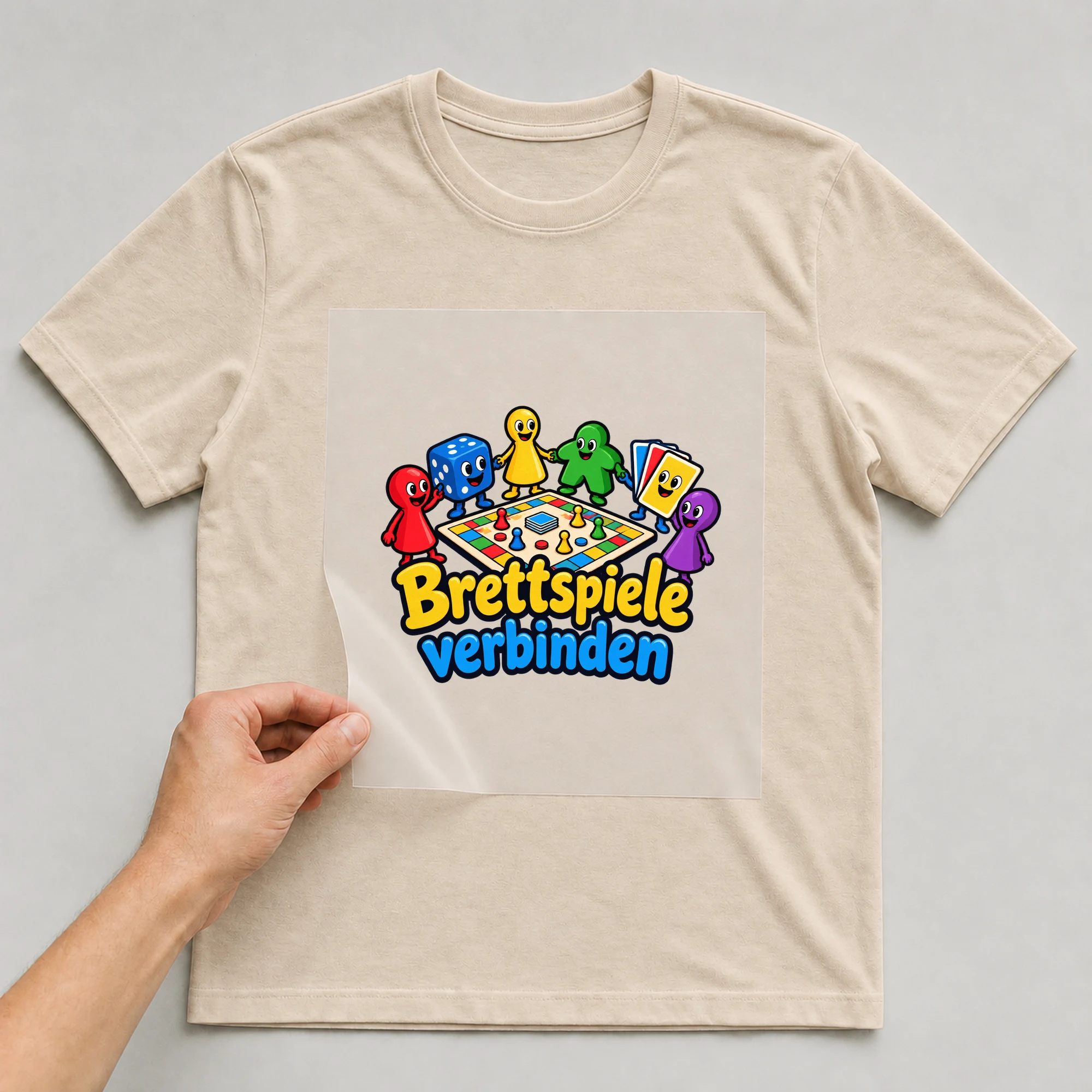 Bügelbild „Brettspiele verbinden“ auf beigem T-Shirt, Folie wird aufgelegt