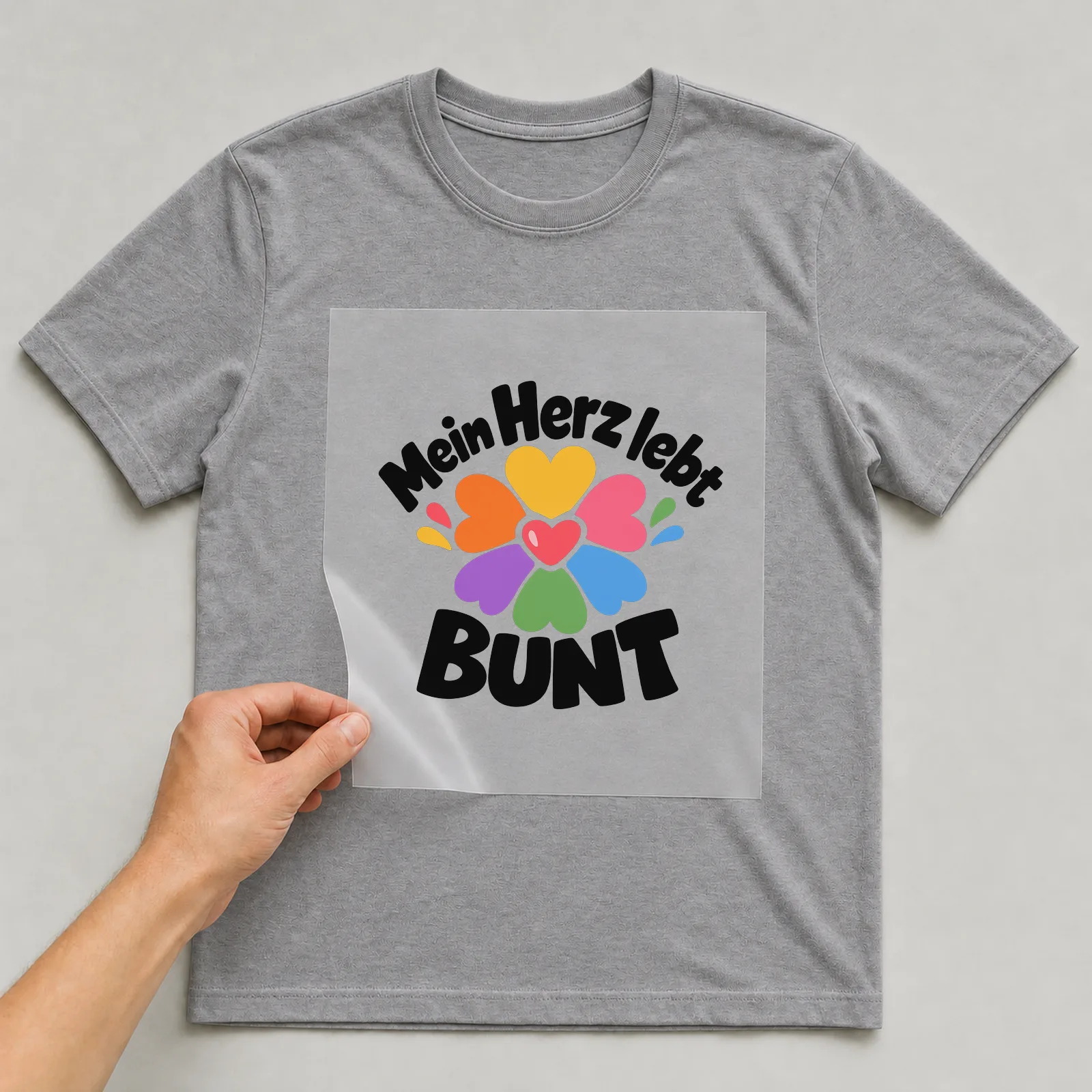 Bügelbild „Mein Herz lebt bunt“ auf grauem T-Shirt, Folie wird aufgelegt