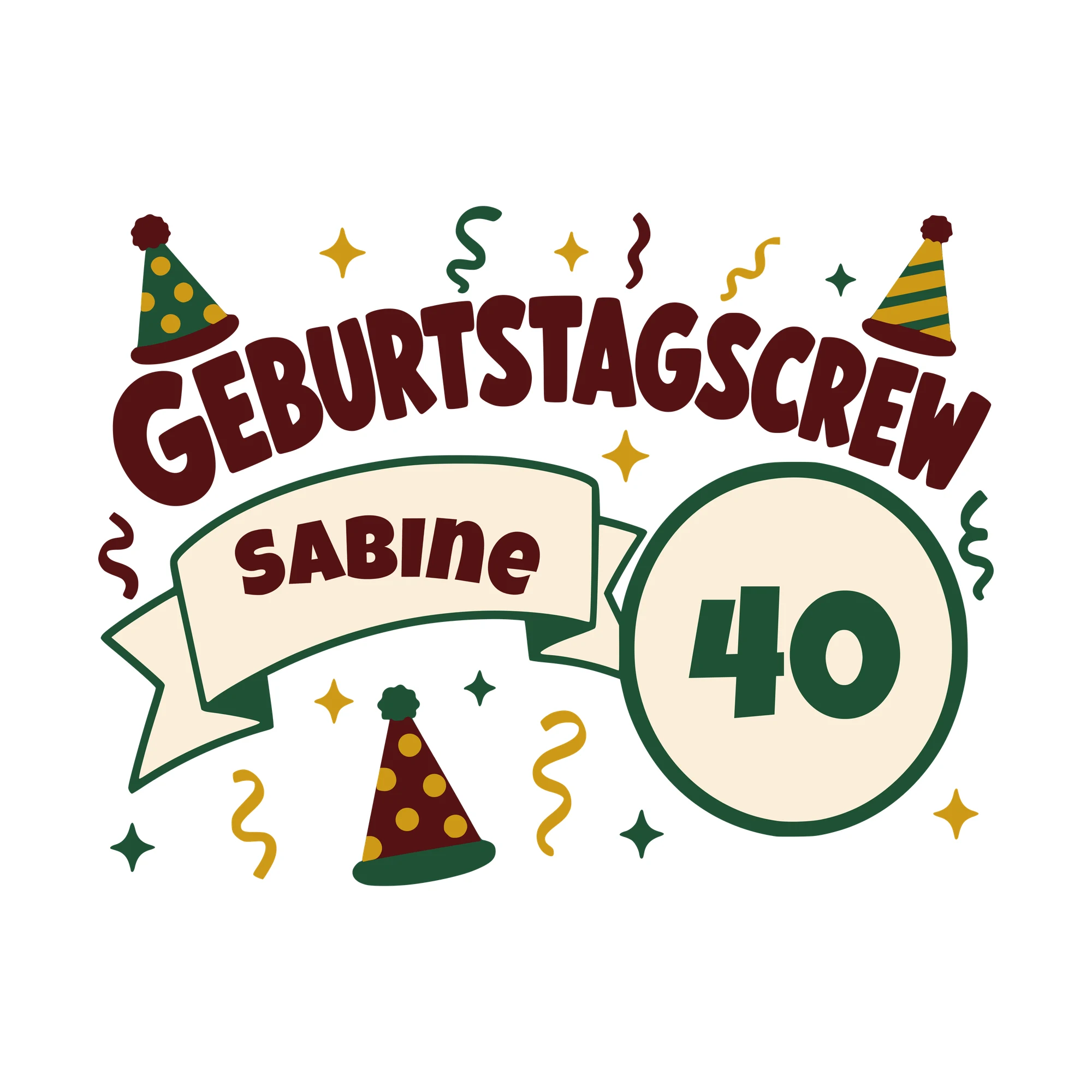 Bügelbild Geburtstagscrew mit Name und Zahl als Grafik auf weißem Hintergrund (BB010407)