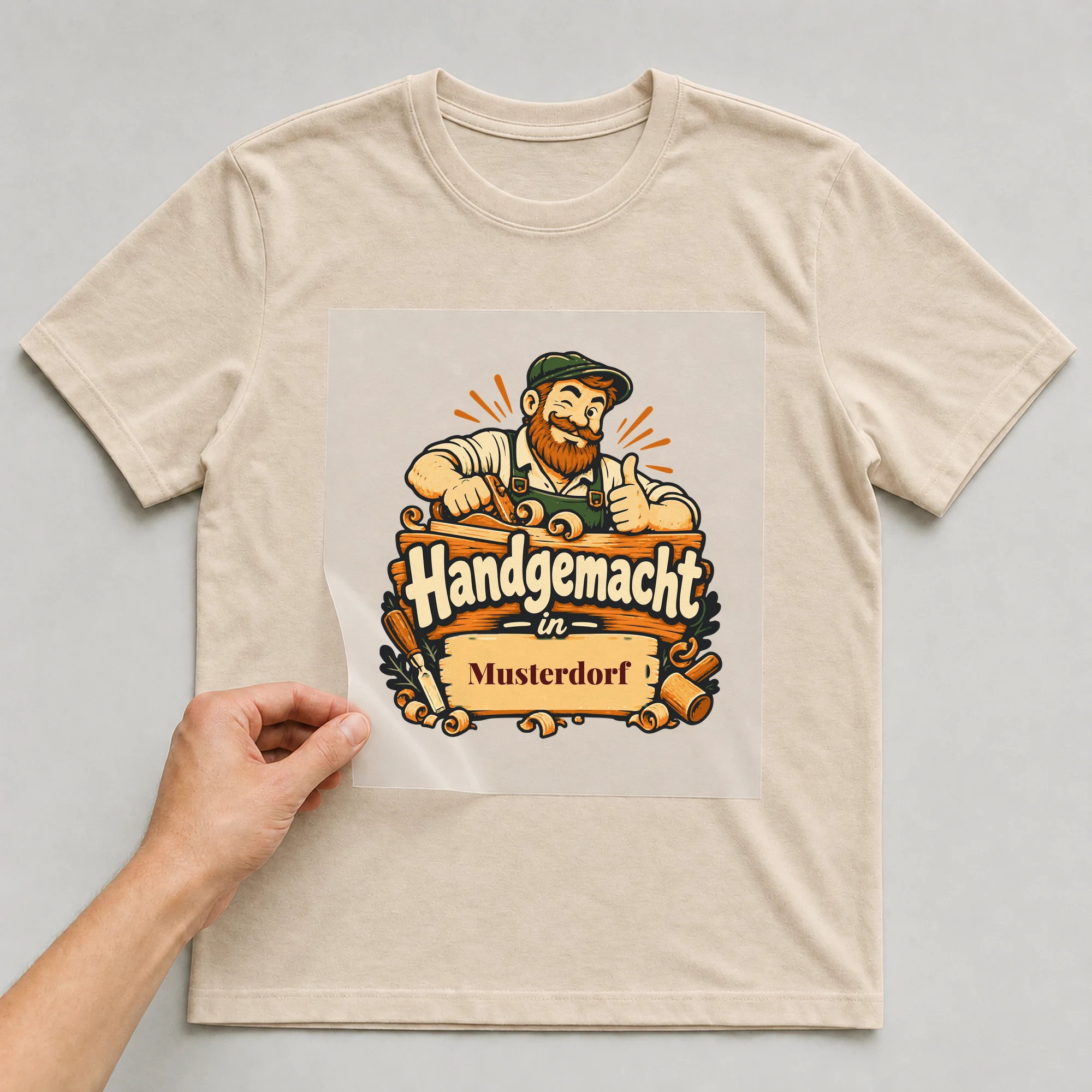 Bügelbild Handgemacht in mit Ort auf beigem T-Shirt, Folie wird aufgelegt