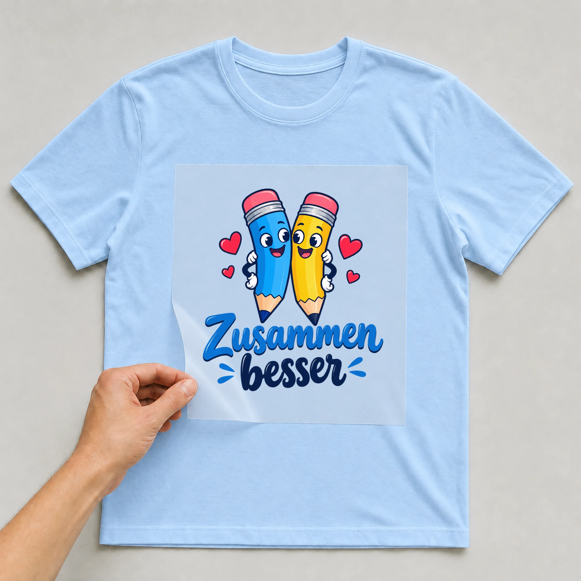 Bügelbild „Zusammen besser“ auf babyblauem T-Shirt, Folie wird aufgelegt