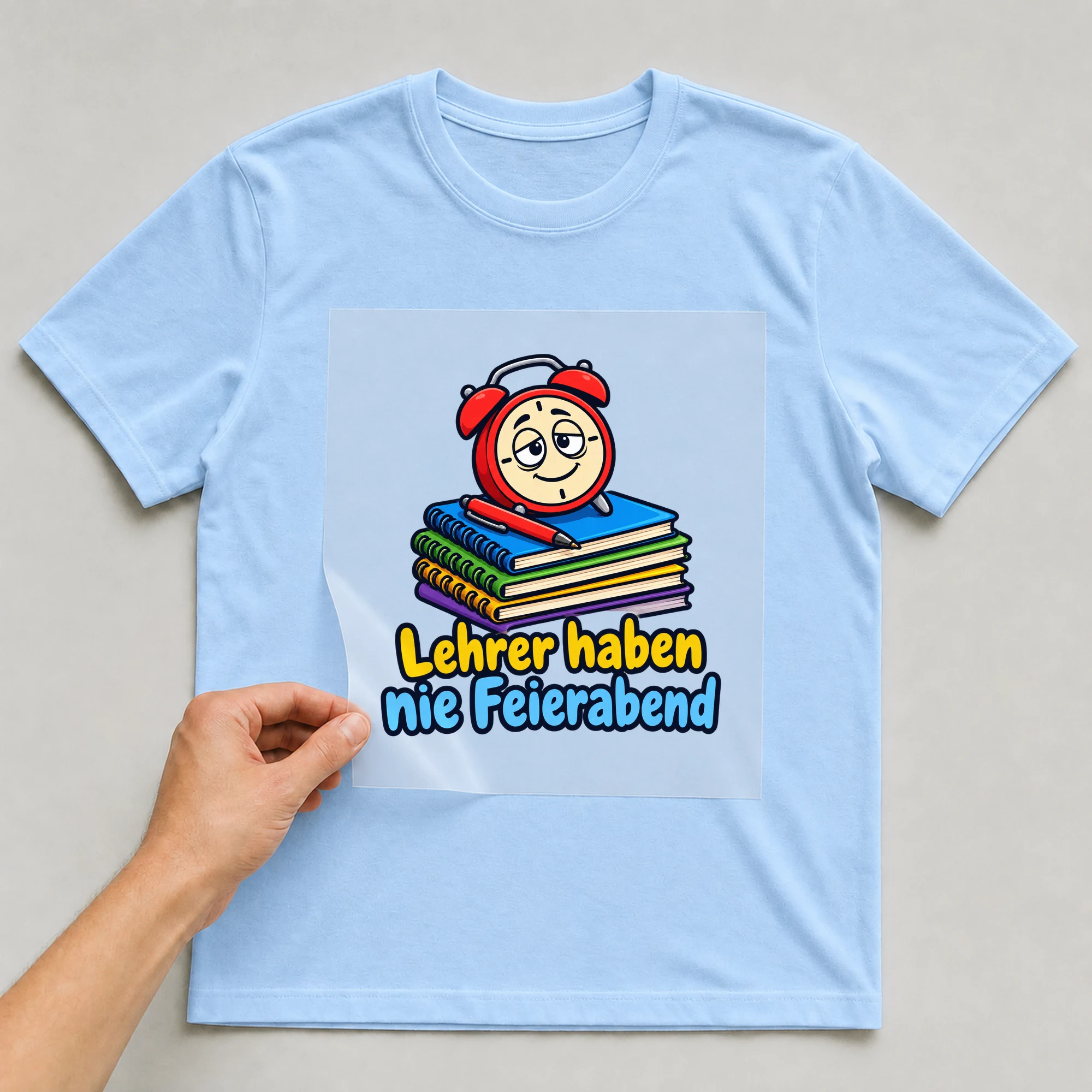 Bügelbild „Lehrer haben nie Feierabend“ auf babyblauem T-Shirt, Folie wird aufgelegt