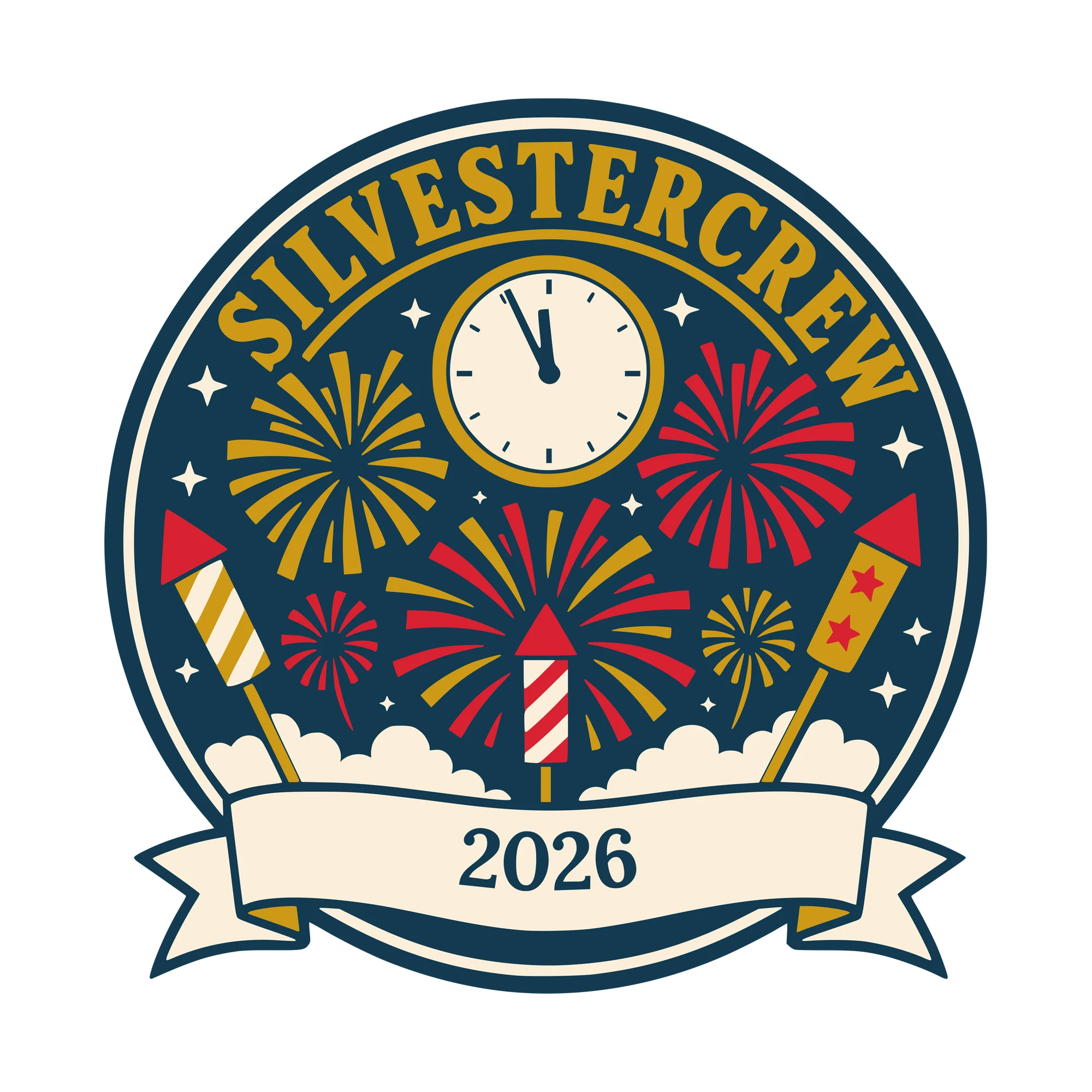 Bügelbild Silvestercrew mit Jahr als Grafik auf weißem Hintergrund (BB010430)