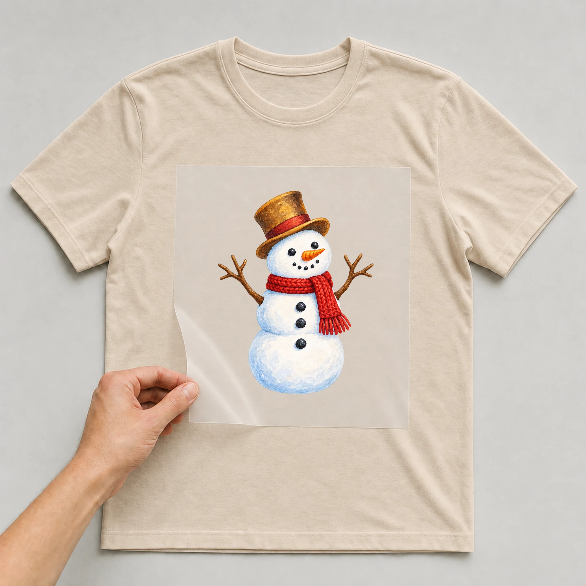 Bügelbild „Schneemann mit Zylinder“ auf beigem T-Shirt, Folie wird aufgelegt