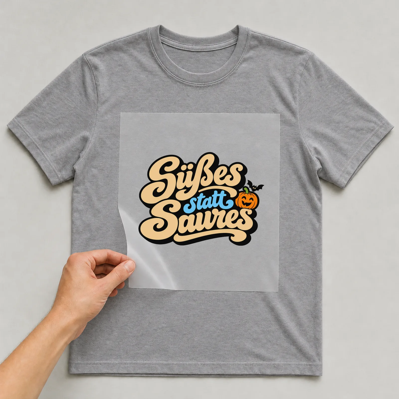 Bügelbild „Süßes statt Saures“ (Retro-Schwungschrift) auf grauem T-Shirt, Folie wird aufgelegt