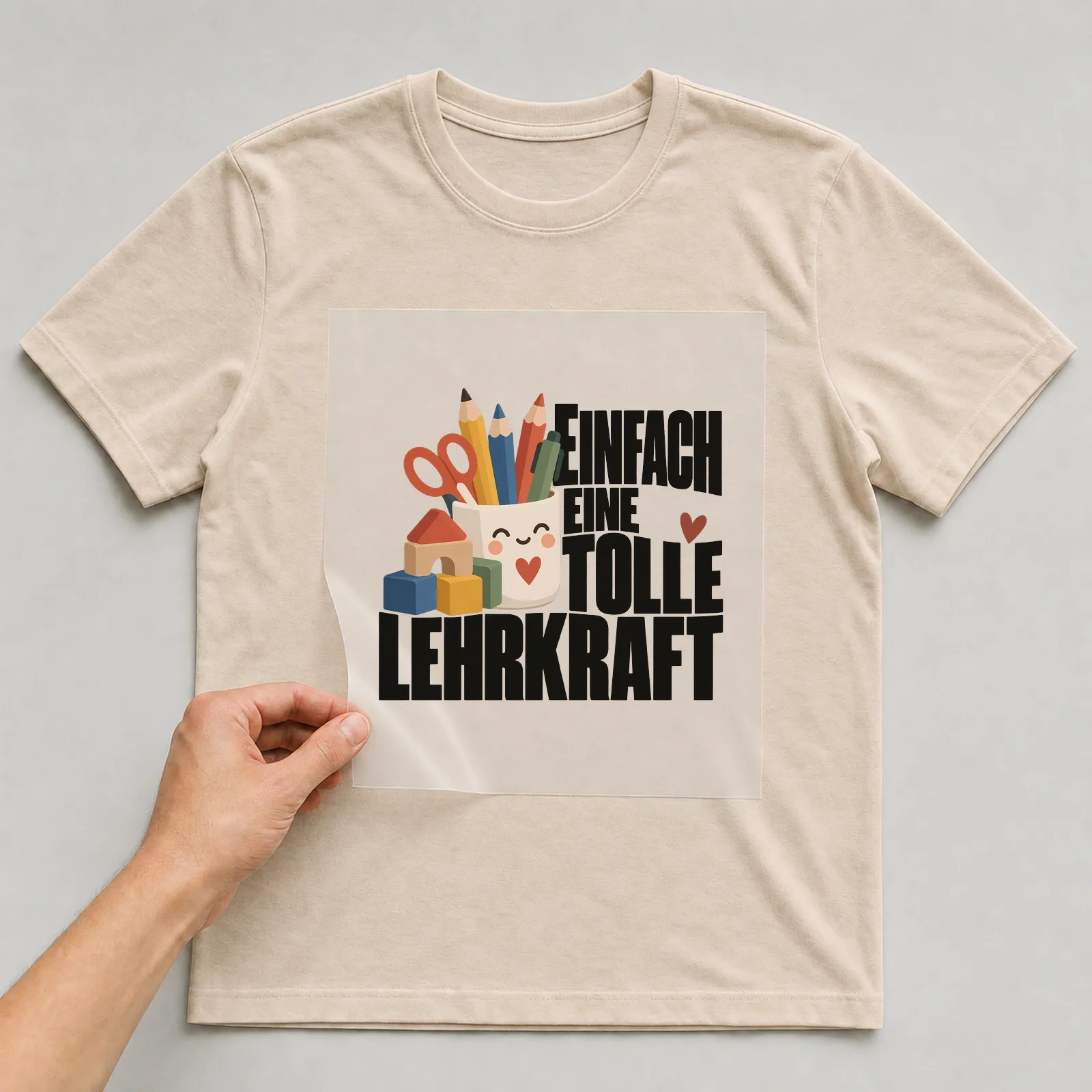Bügelbild „Einfach eine tolle Lehrkraft“ auf beigem T-Shirt, Folie wird aufgelegt