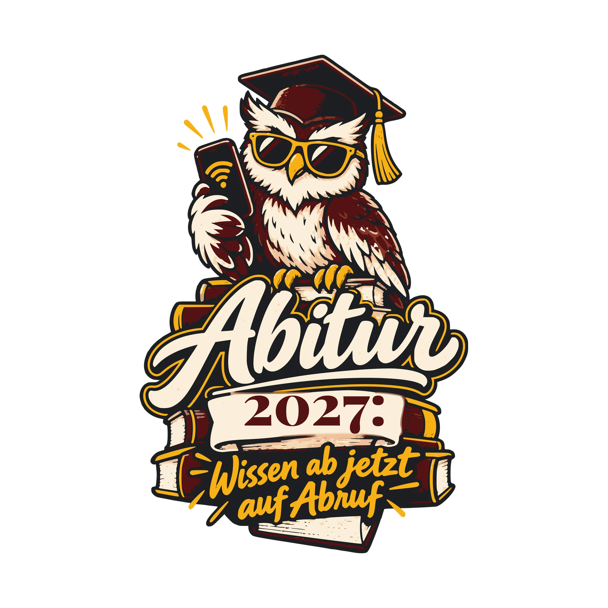 Bügelbild Abitur: Wissen ab jetzt auf Abruf mit Jahr als Grafik auf weißem Hintergrund (BB011132)