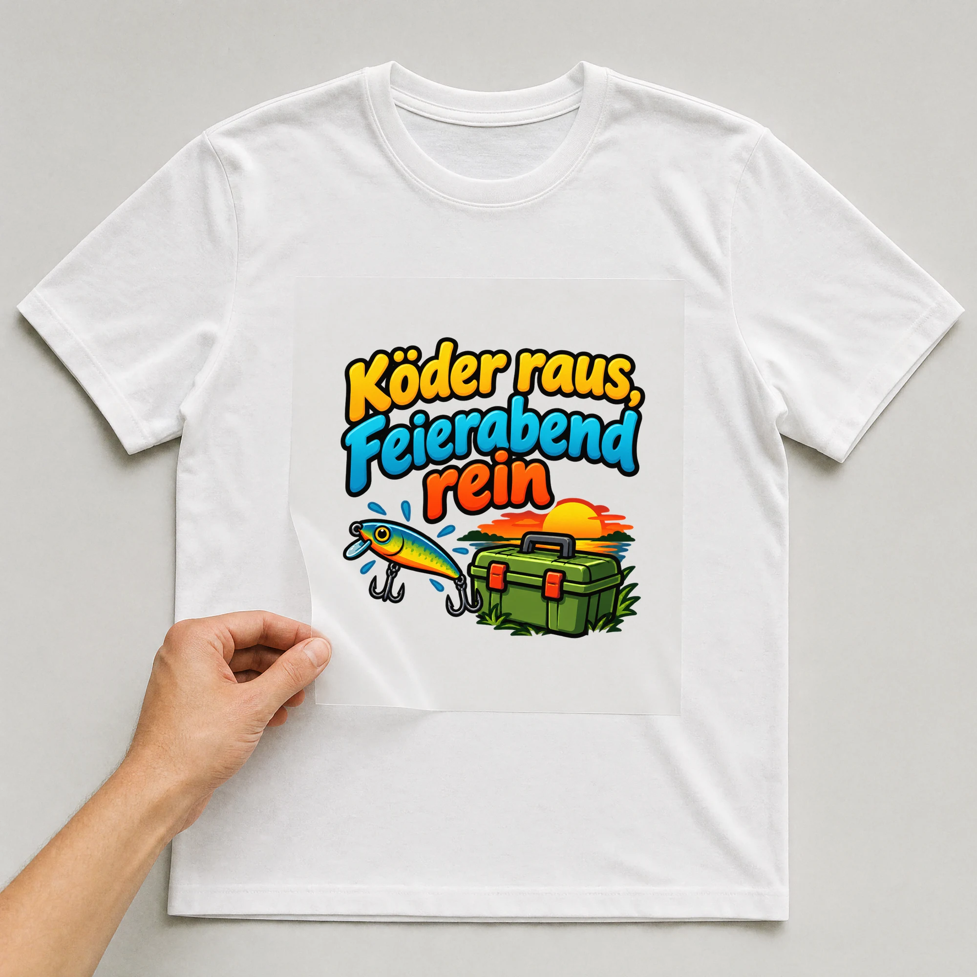 Bügelbild „Köder raus, Feierabend rein“ auf weißem T-Shirt, Folie wird aufgelegt